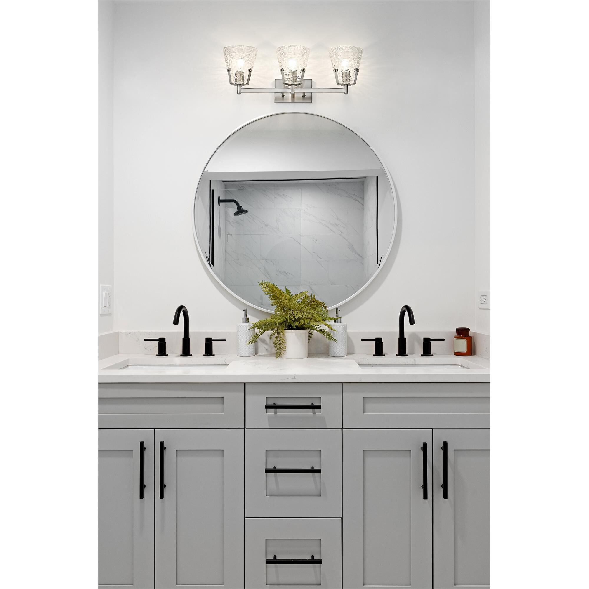 Shown in Brushed Nickel finish and Clear Ribbed glass