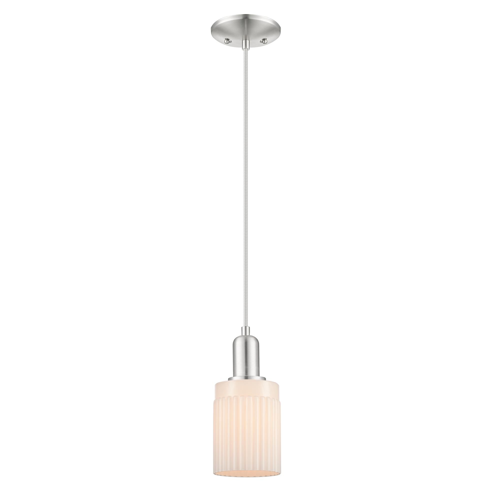 Shown in Brushed Satin Nickel finish and Matte White glass