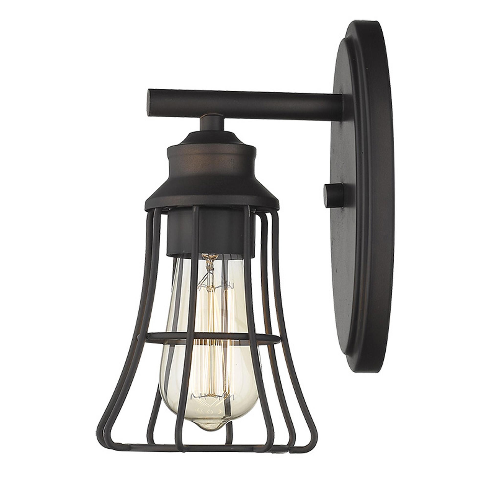 Shown in Oil-Rubbed Bronze finish and Oil-Rubbed Bronze glass and Oil-Rubbed Bronze, Geometric Metal Cage shade