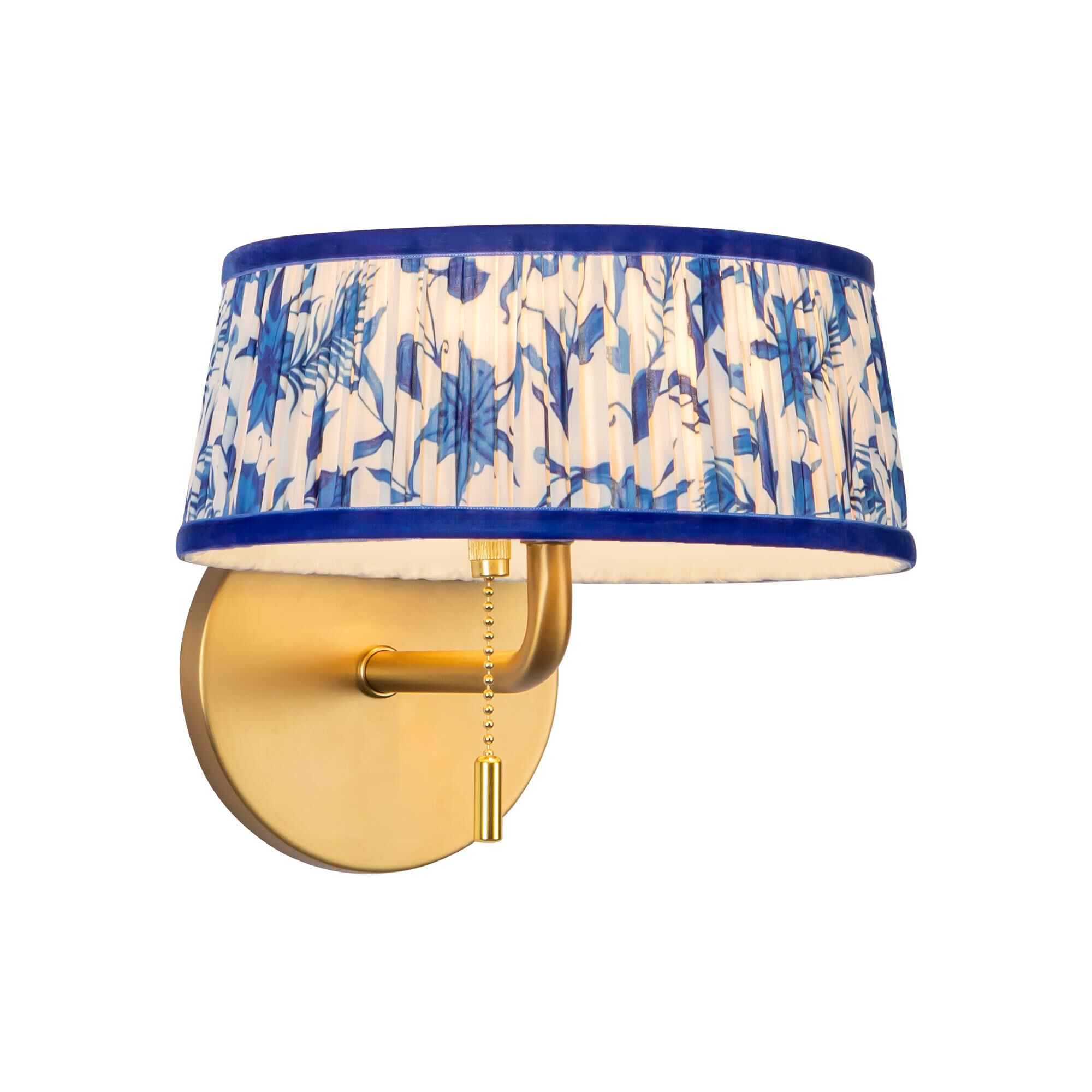 Shown in Brushed Gold finish and Blue Linen shade