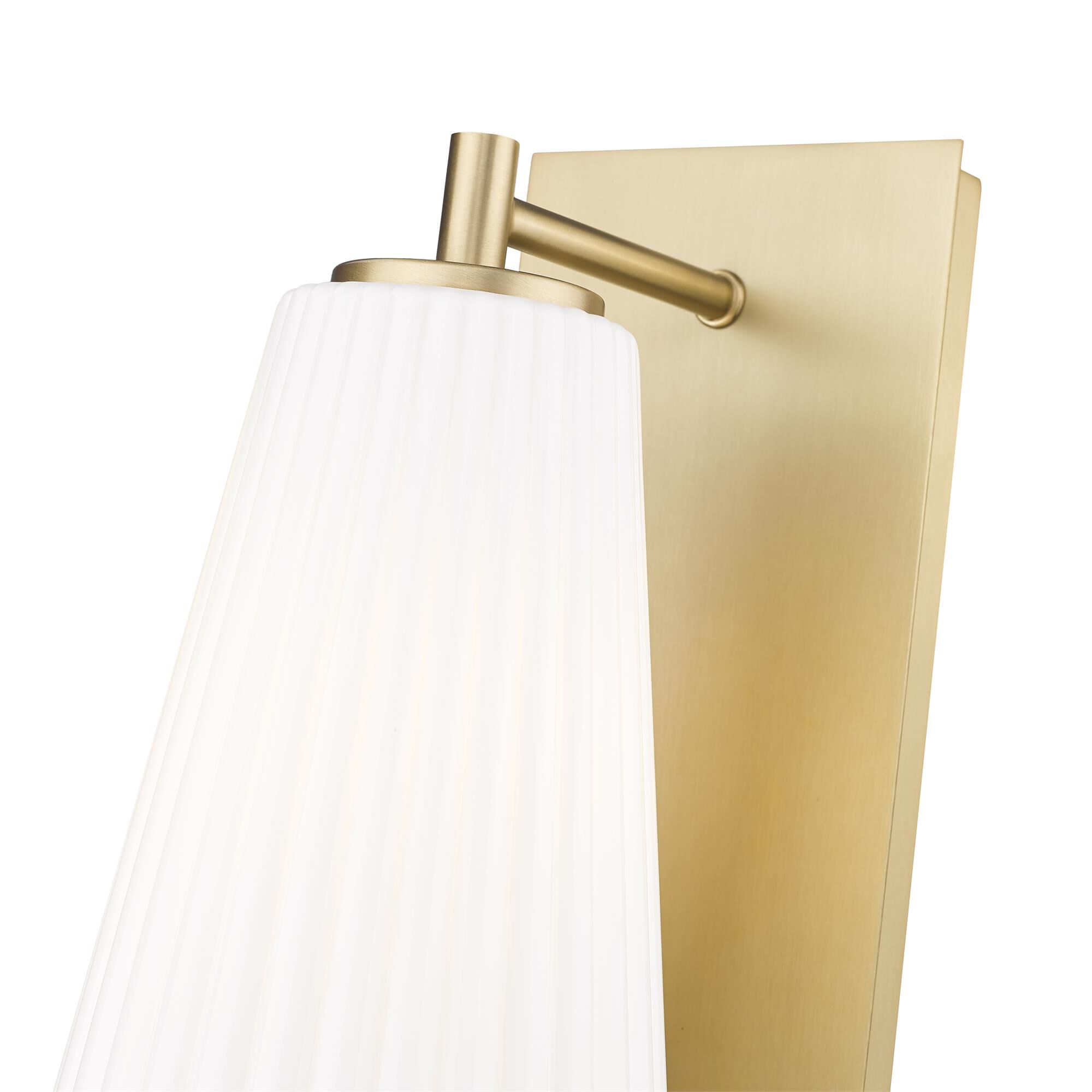 Shown in Modern Gold finish and White glass and White shade