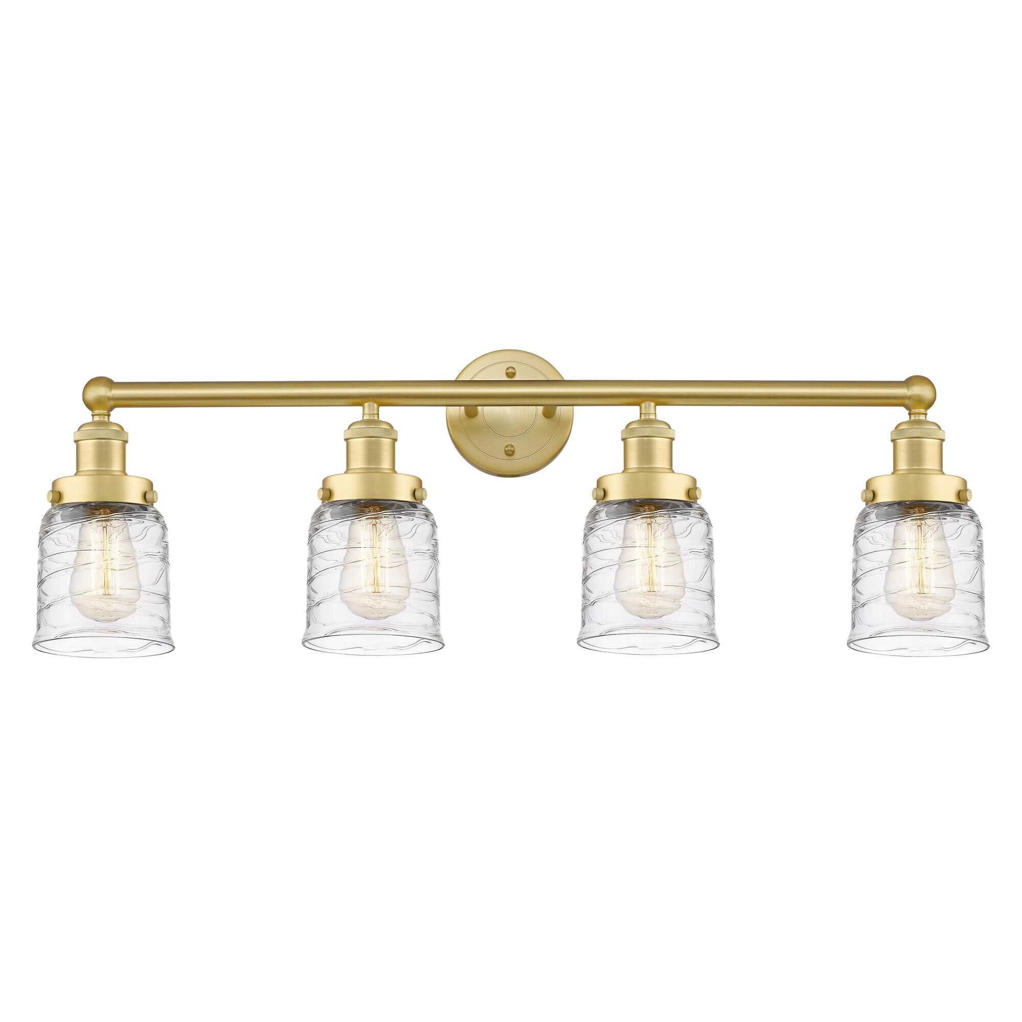 Shown in Satin Gold finish and Clear Deco Swirl glass