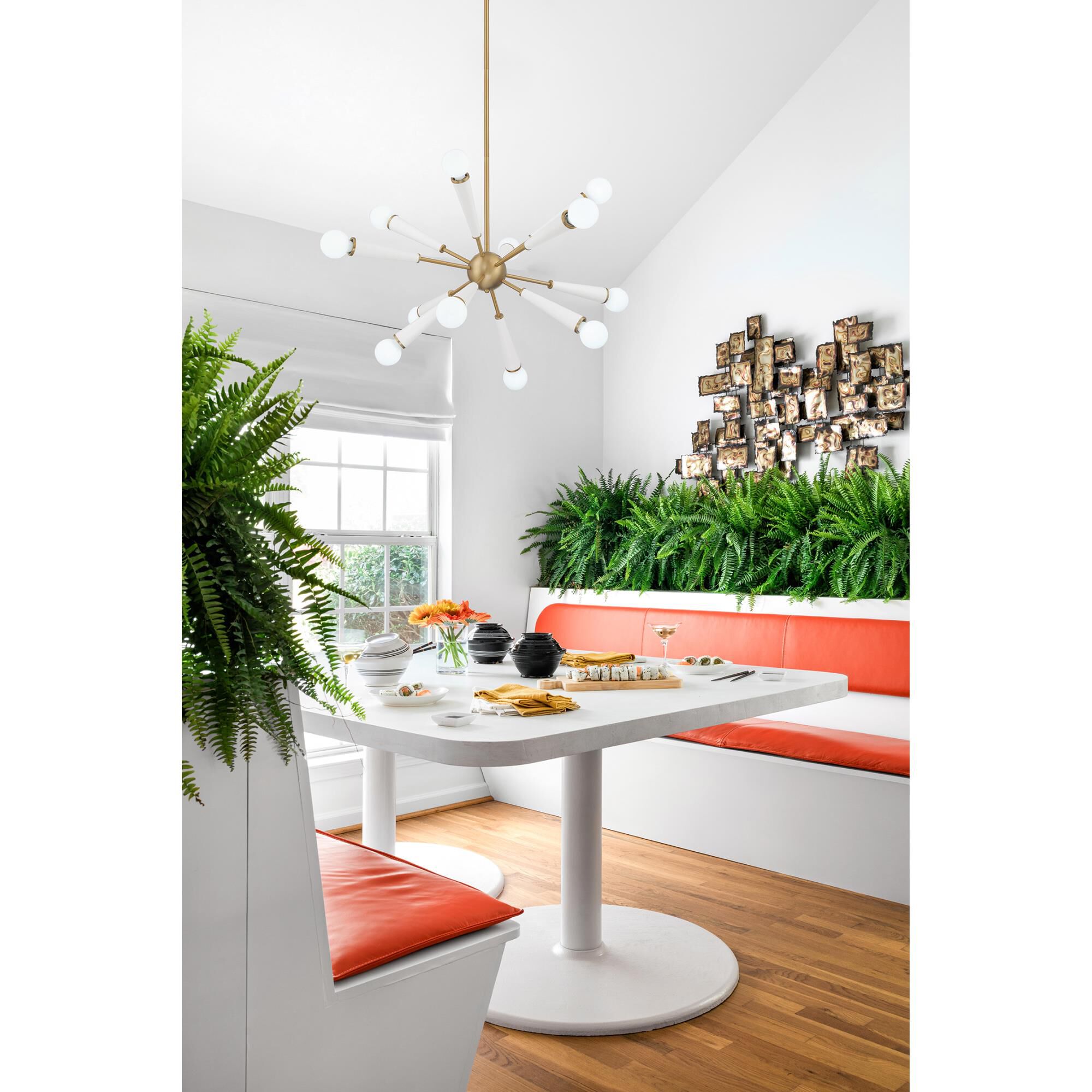 Shown in Aged Brass and Matte White finish