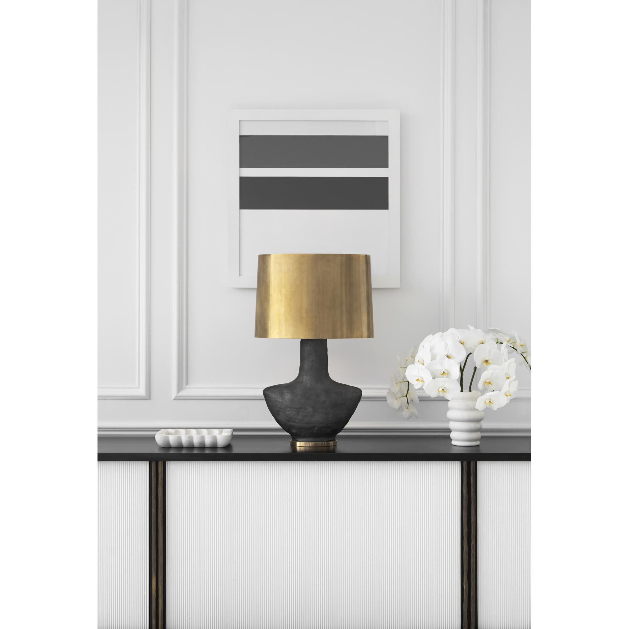 Shown in Stained Black Metallic Porcelain finish and Antique Brass Oval shade