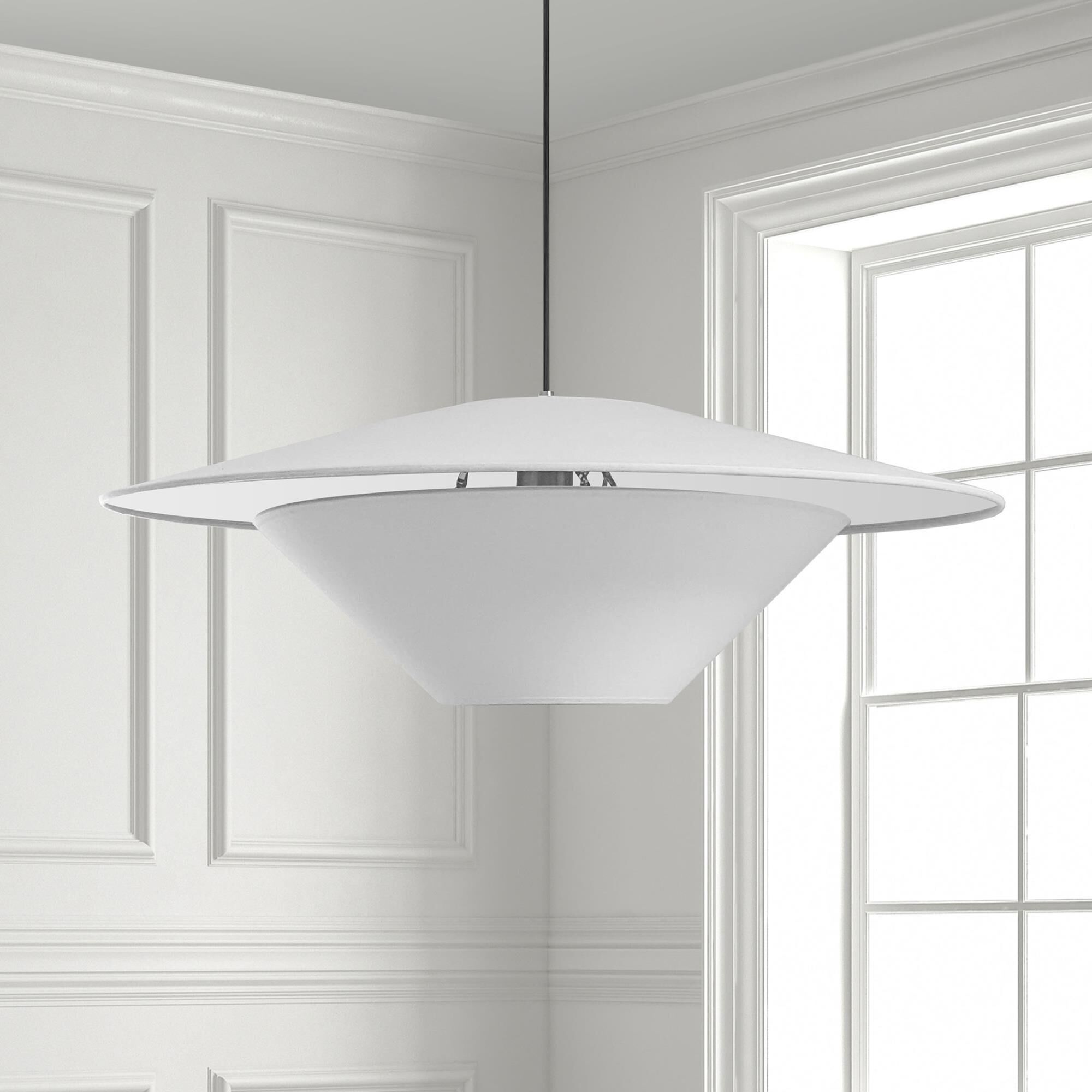Shown in White and Aged Brass finish and White Fabric Tapered Drum shade