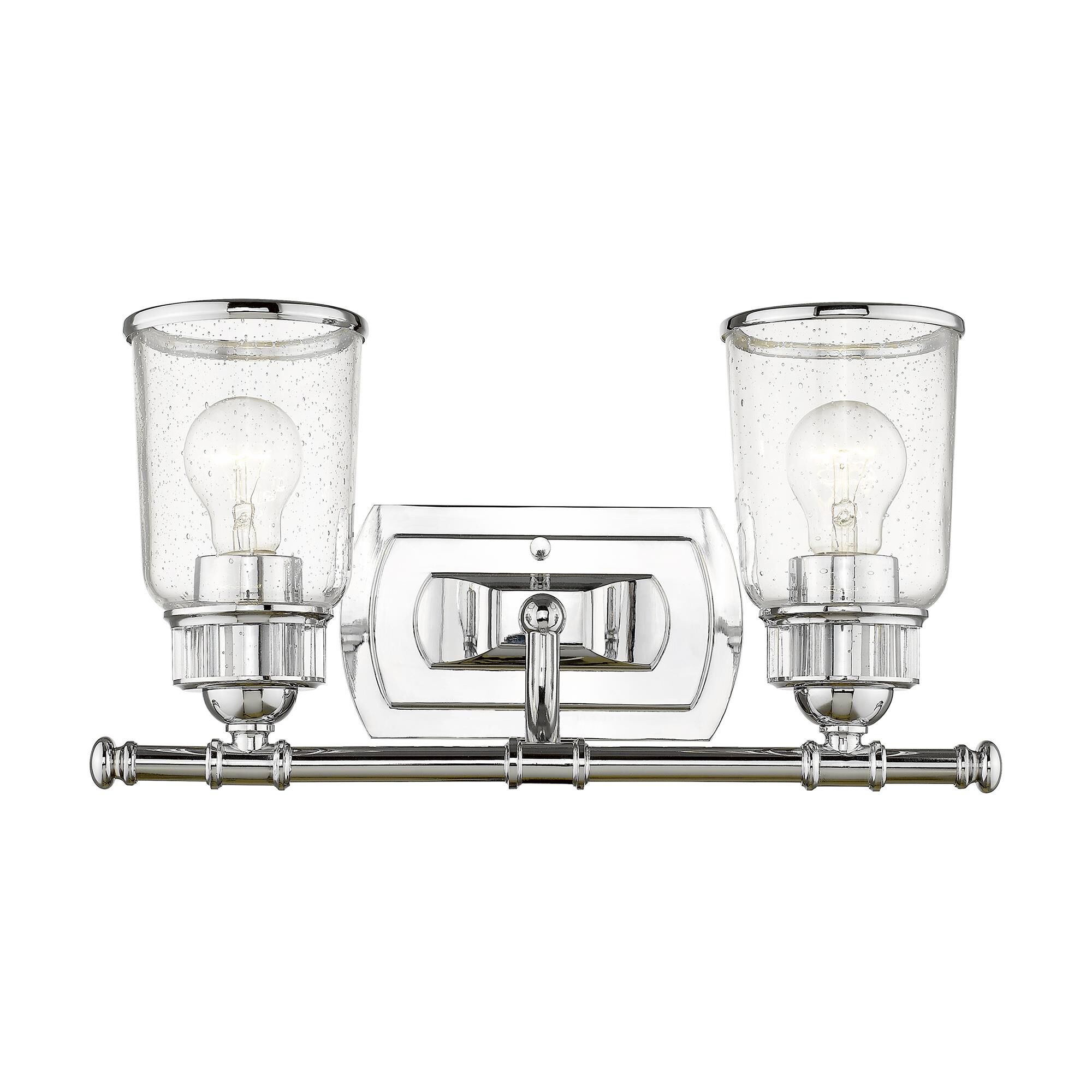 Shown in Polished Chrome finish and Hand Blown Clear Seeded glass