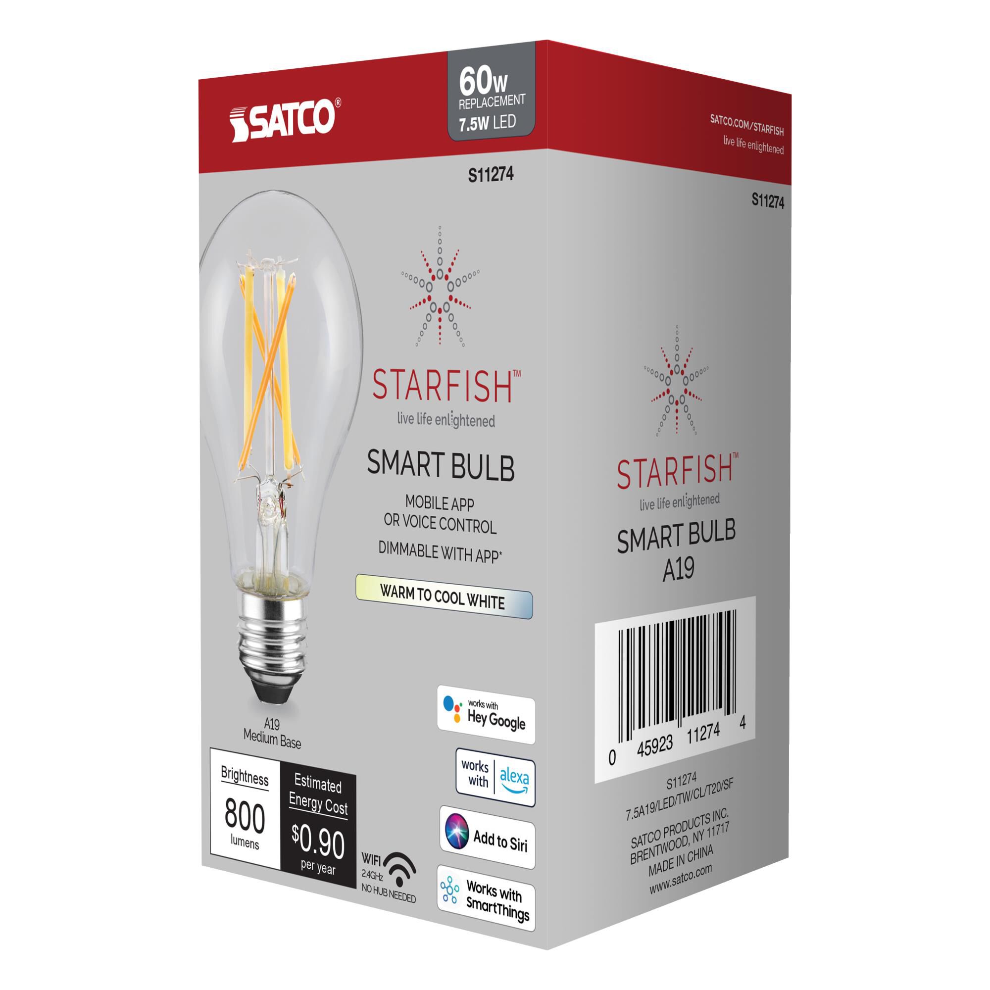 Dimmable 7.5 Watt 2200-5000K A19 LED Light Bulb,