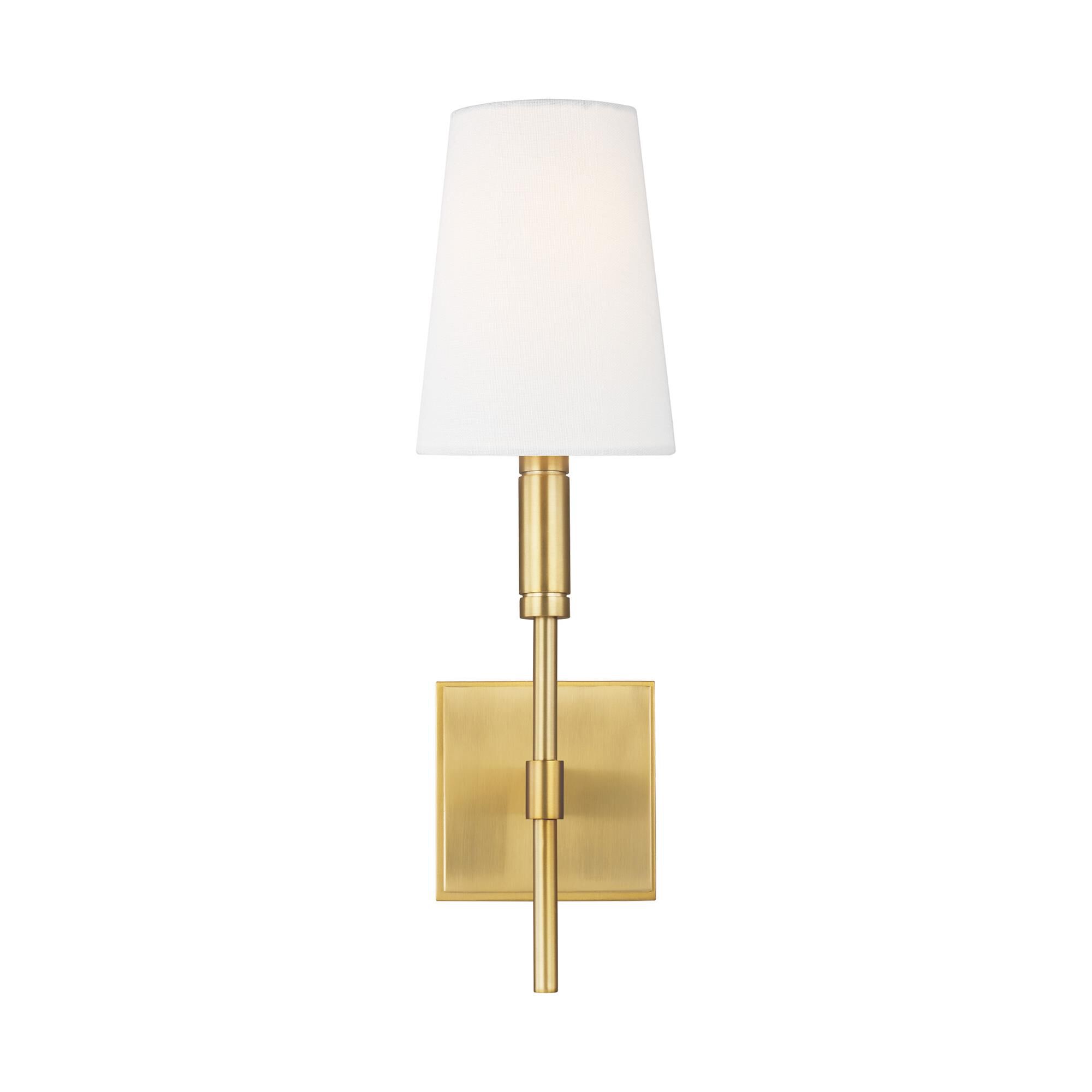 Shown in Burnished Brass finish and White Linen shade