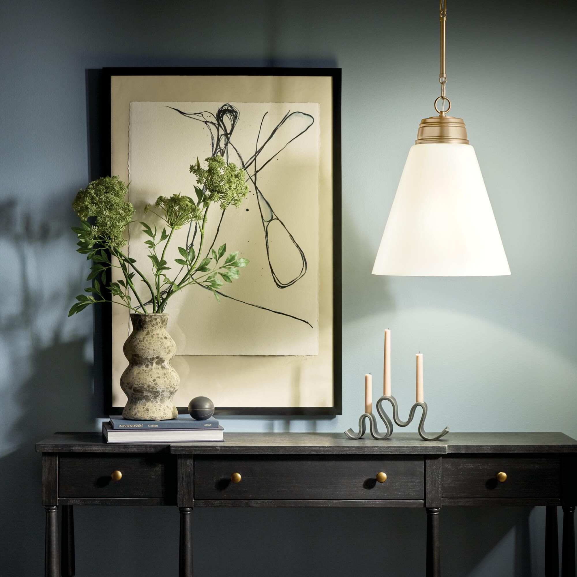 Shown in Champagne Bronze finish and Opal glass