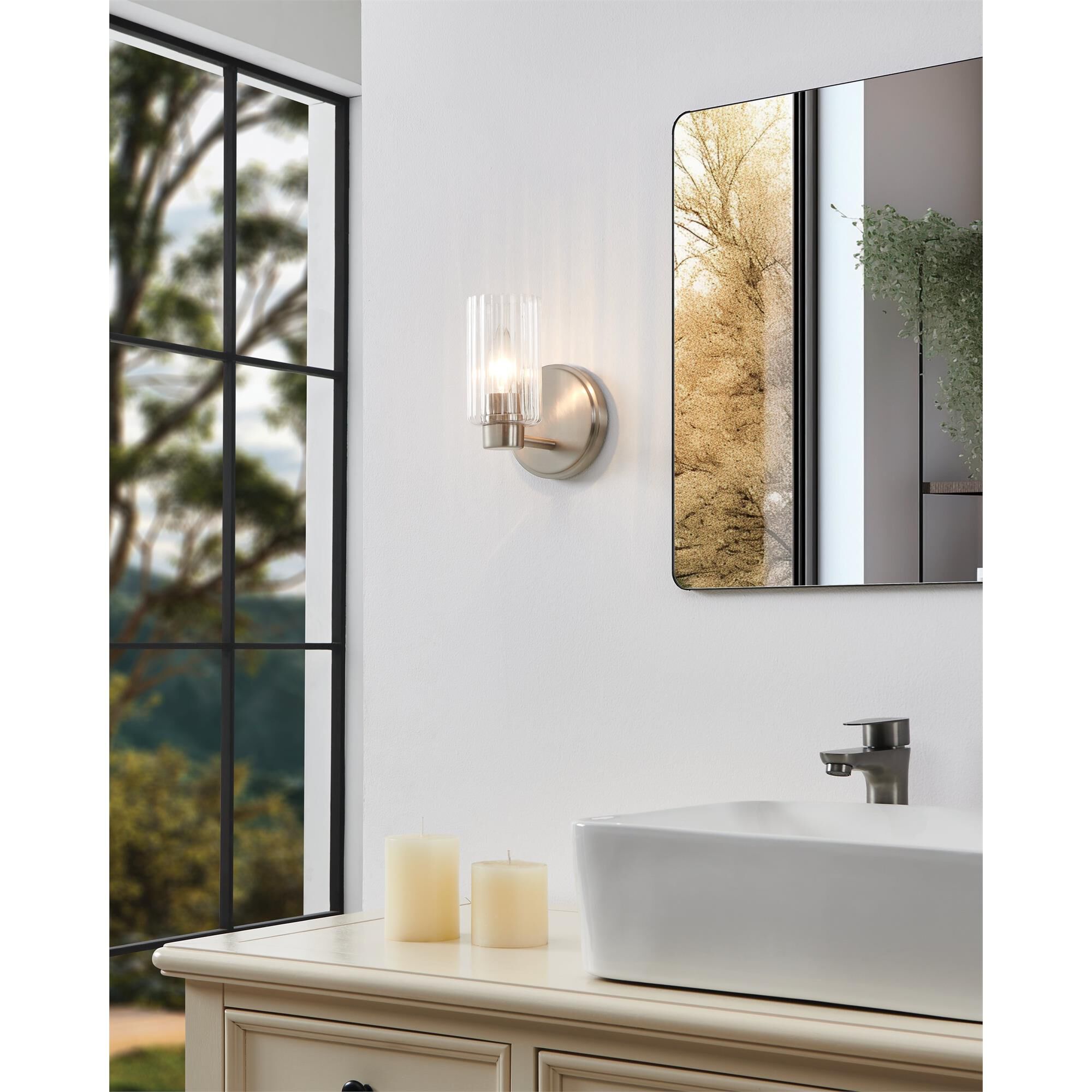 Shown in Brushed Nickel finish and Clear Ribbed glass