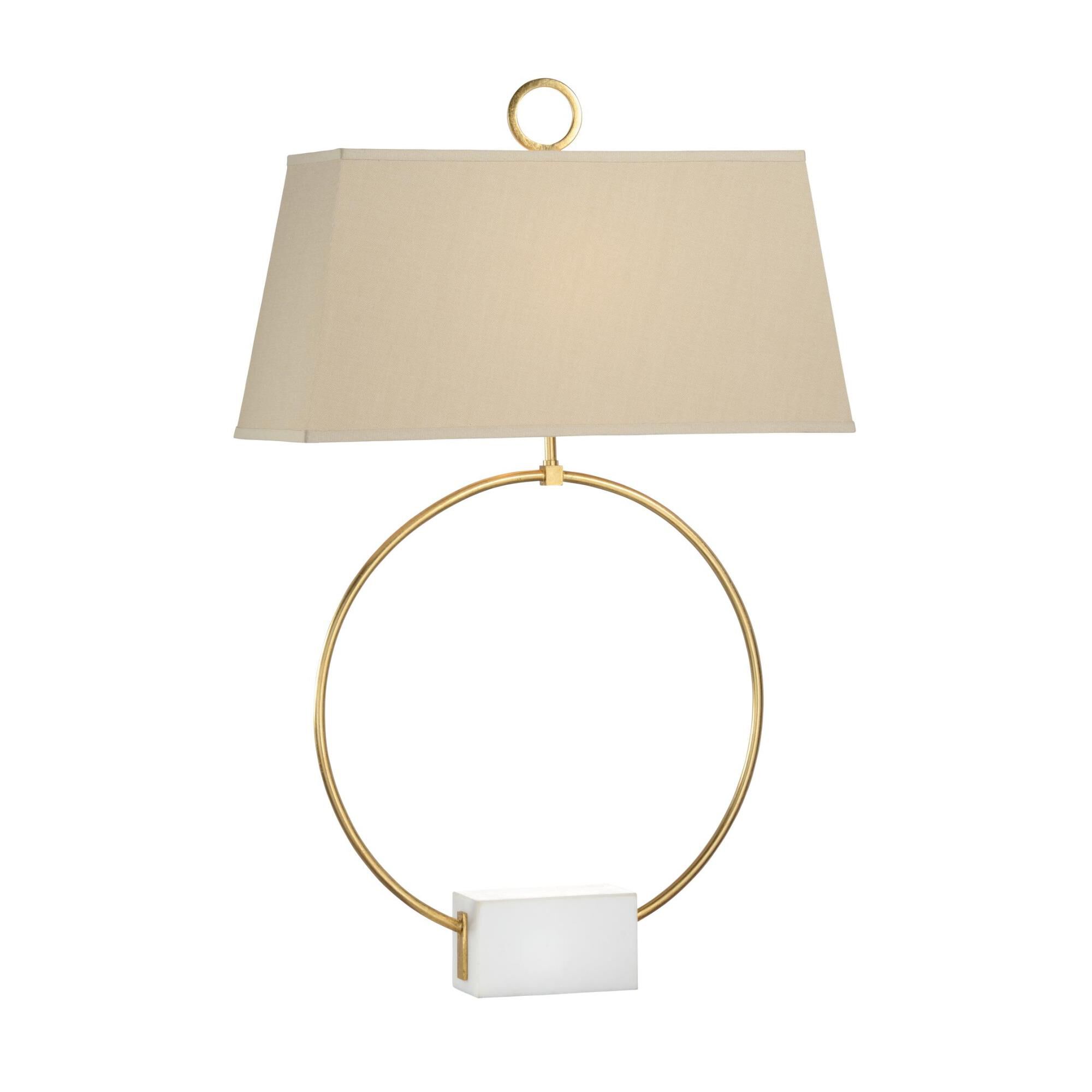 Shown in Antique Gold Leaf-Natural White finish and Tan Linen shade
