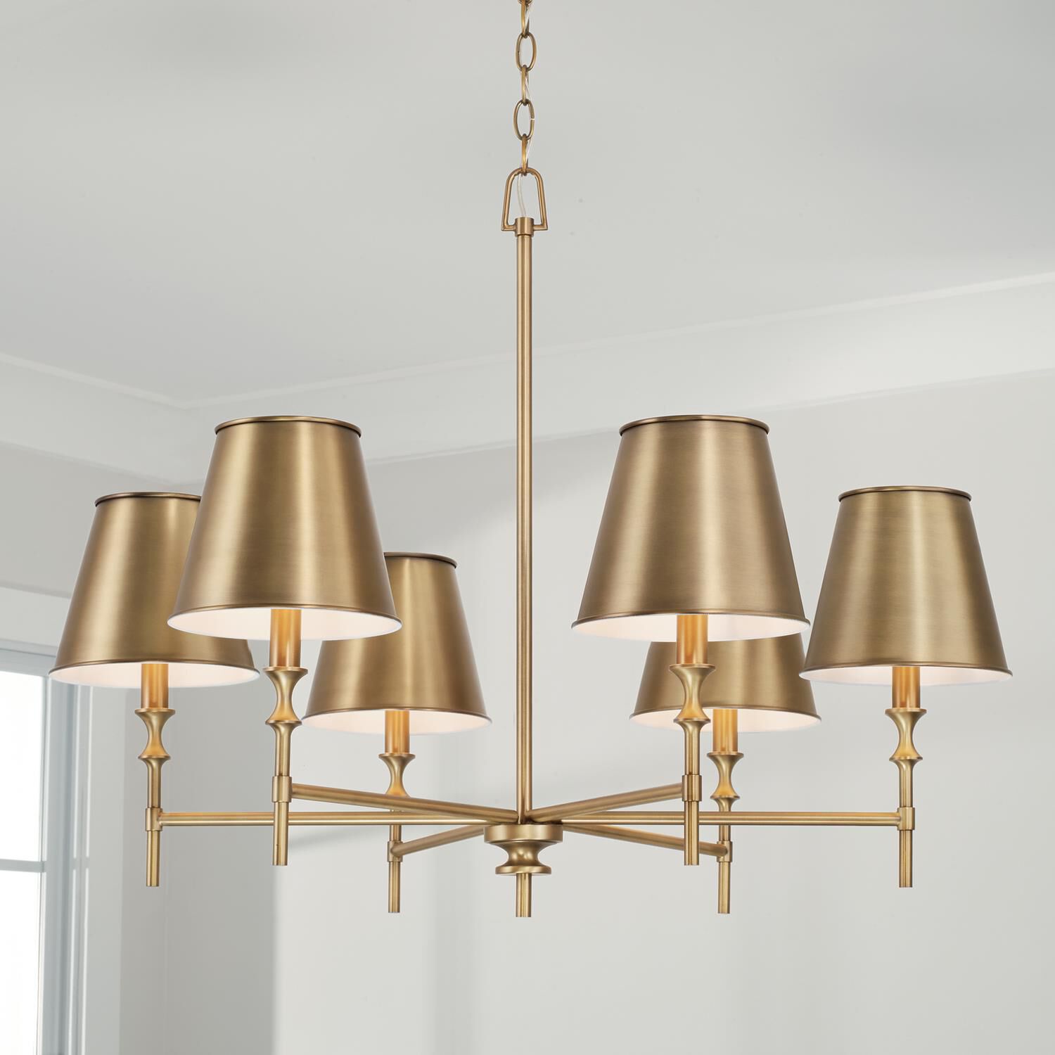 Shown in Aged Brass finish and Aged Brass Metal Stay-Straight  with White Interior shade