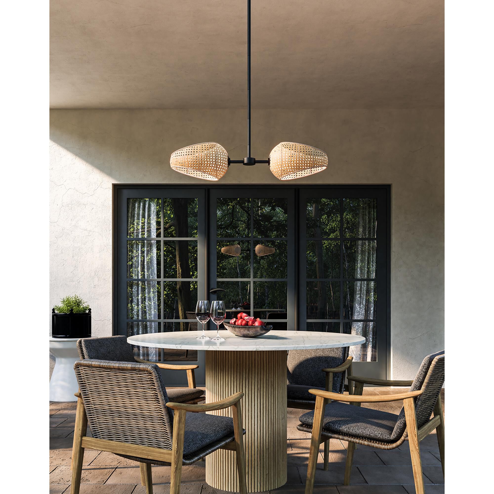 Shown in Black/Opal Glass finish and Opal glass and Rattan shade