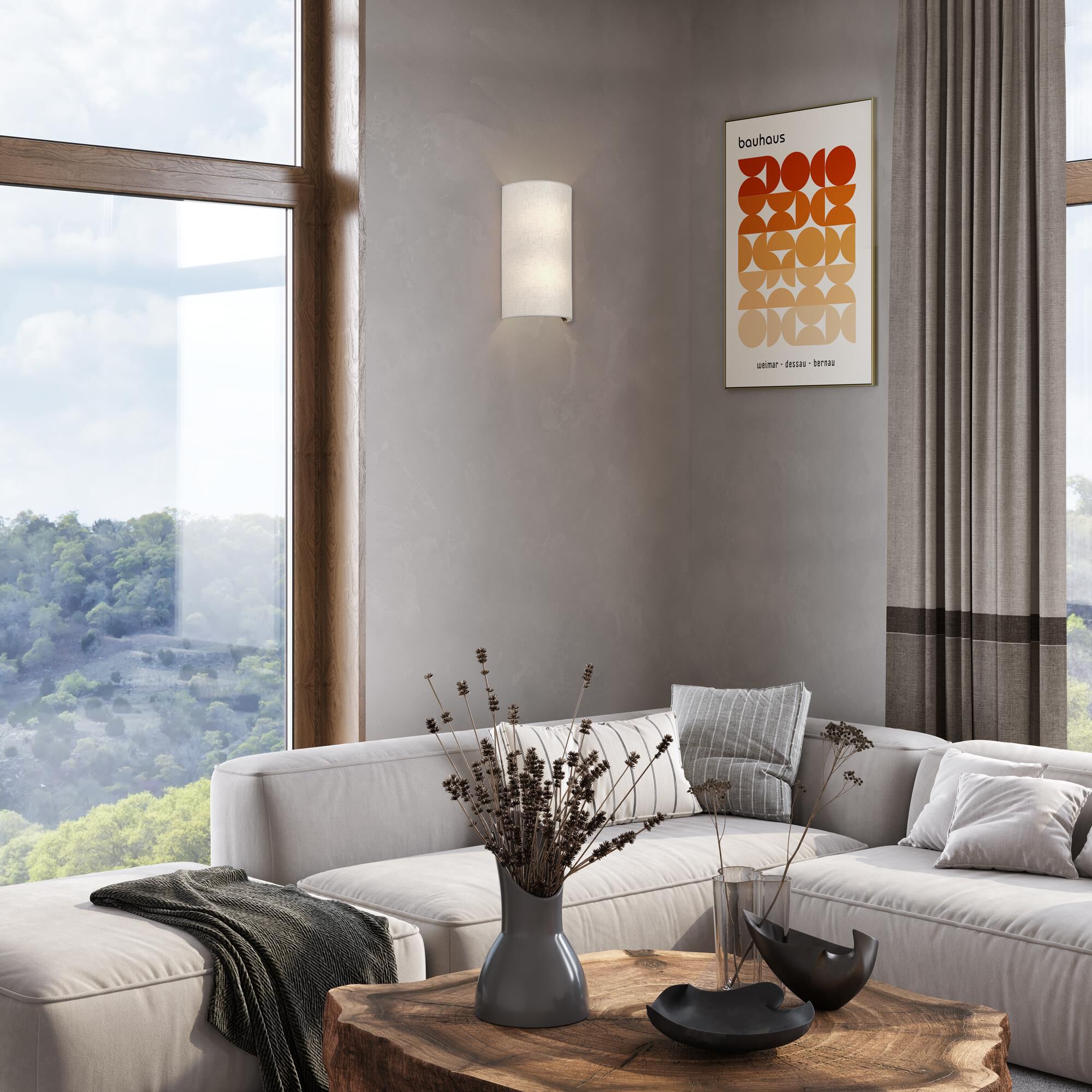 Shown in English Bronze finish and Hand Crafted Oatmeal Color Fabric with White Color Inside shade