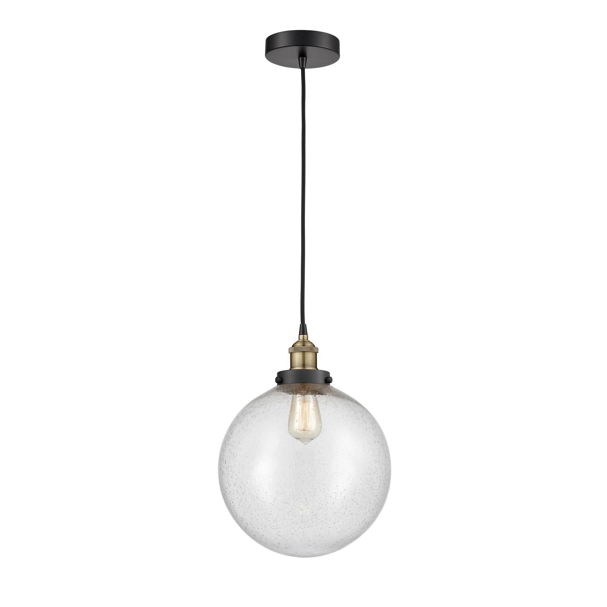 Shown in Black Antique Brass finish and Seedy glass