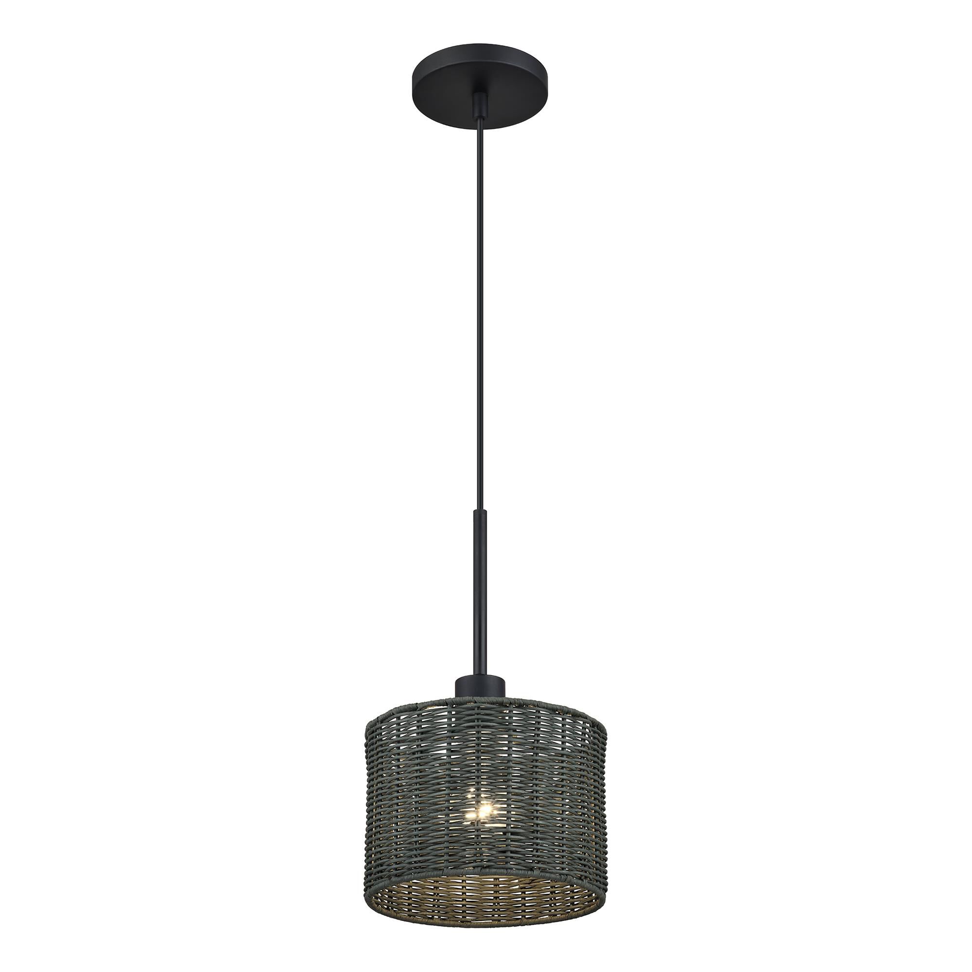 Shown in Black finish and Hand-Woven Charred Gray Color Rattan shade
