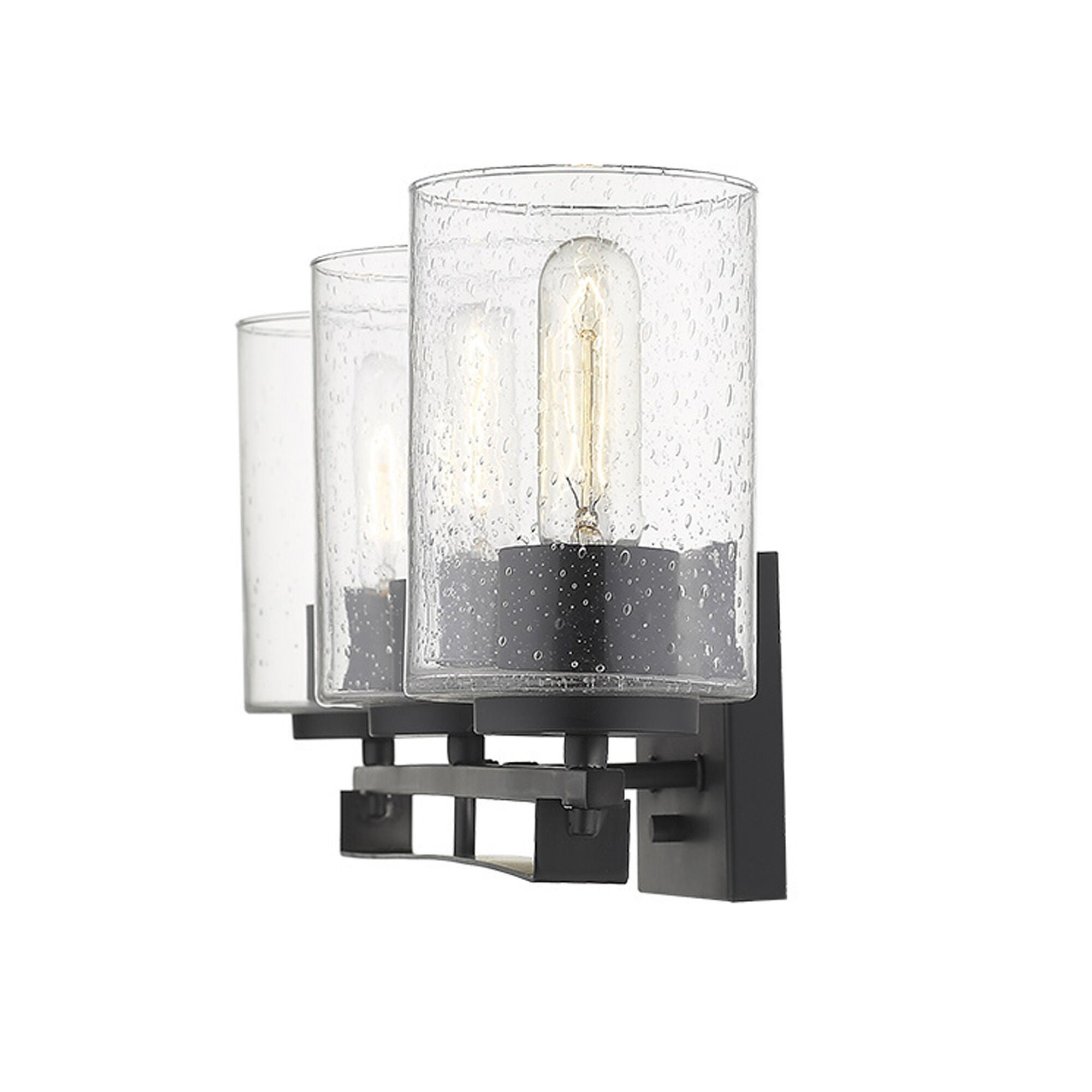 Shown in Matte Black finish and Clear glass and Clear, Seeded Cylindrical Glass s shade