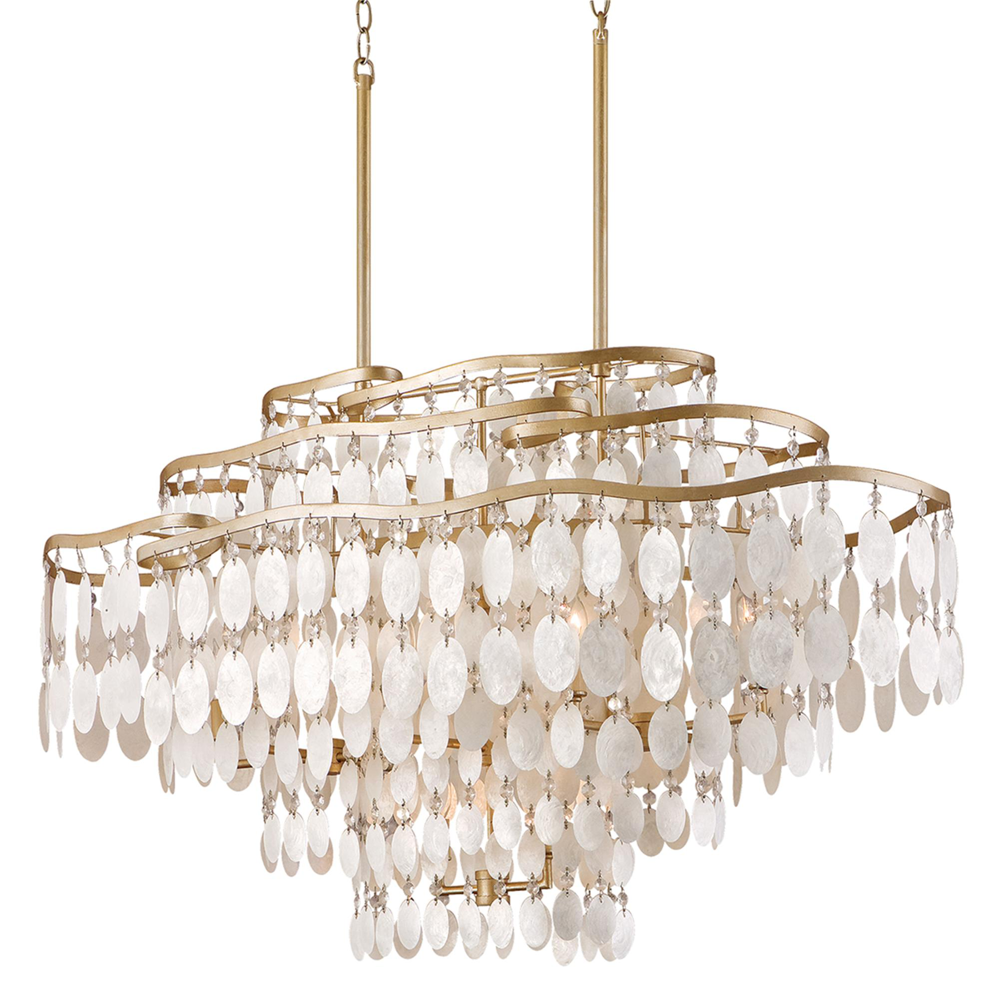 Shown in Champagne Leaf finish and Capiz, Clear glass and Capiz Shell, Crystal shade