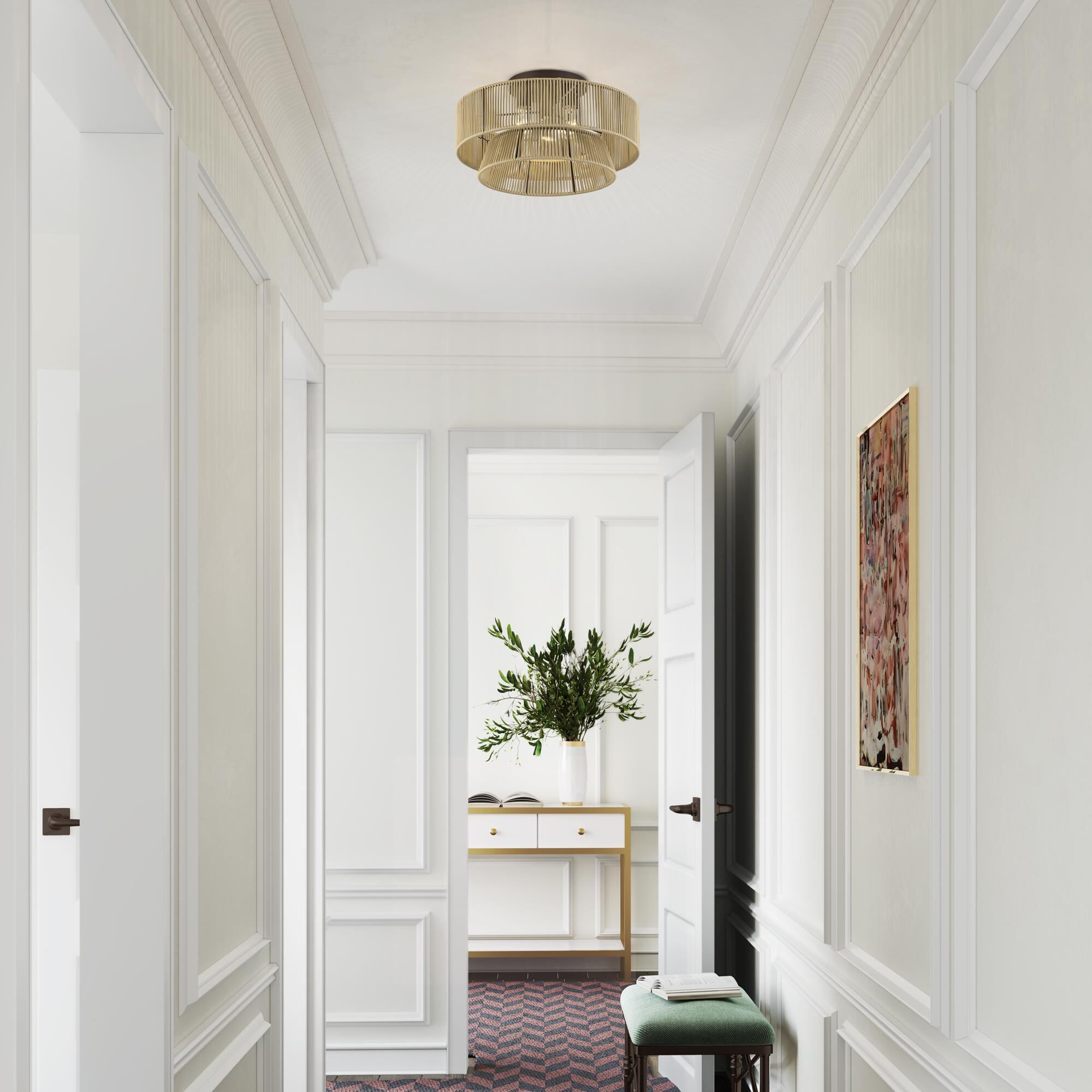 Shown in English Bronze finish and Hand-Woven Venetian Gold Color Polyester Rope shade