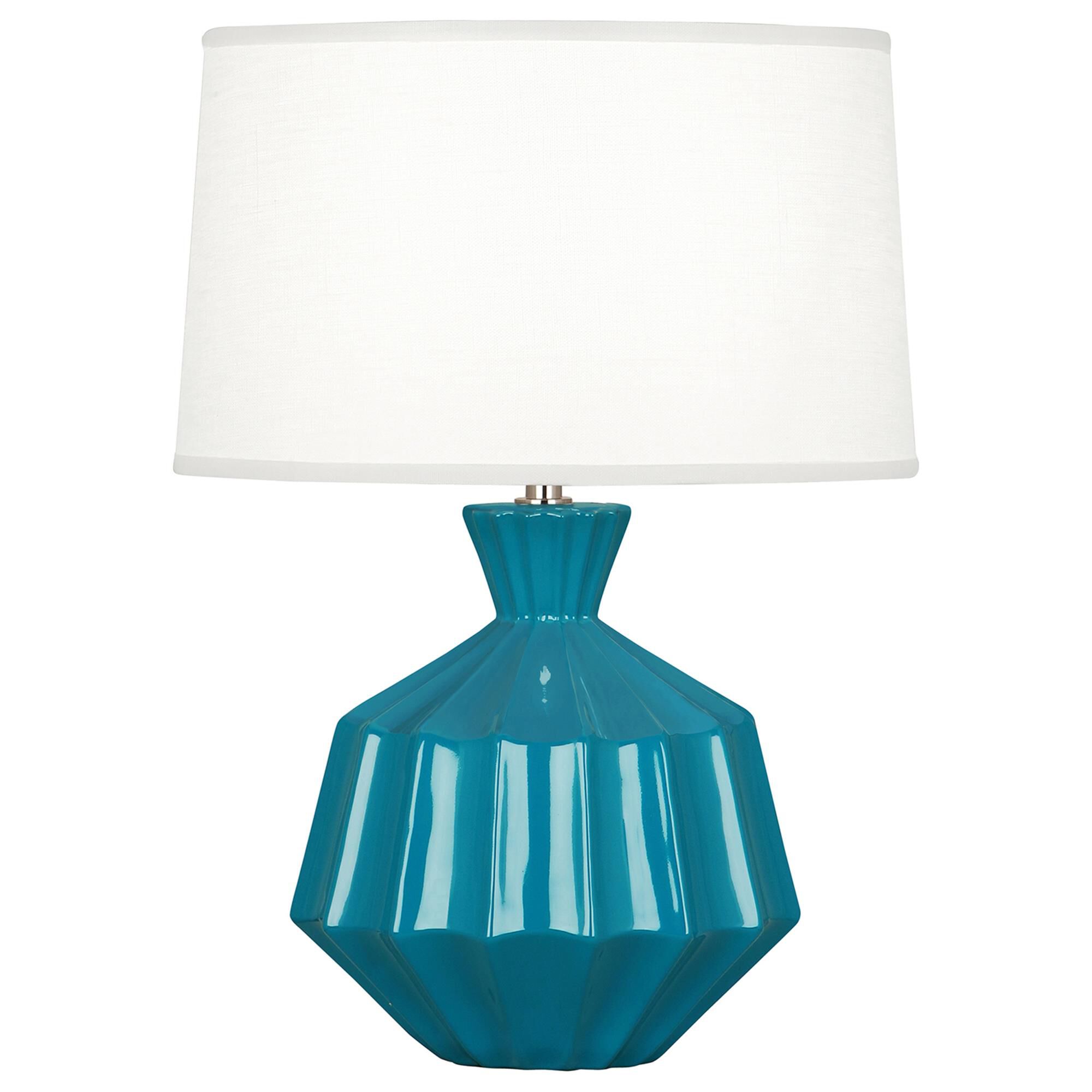 Shown in Peacock Glazed Ceramic finish and Oyster Linen With Self Fabric Top Diffuser shade