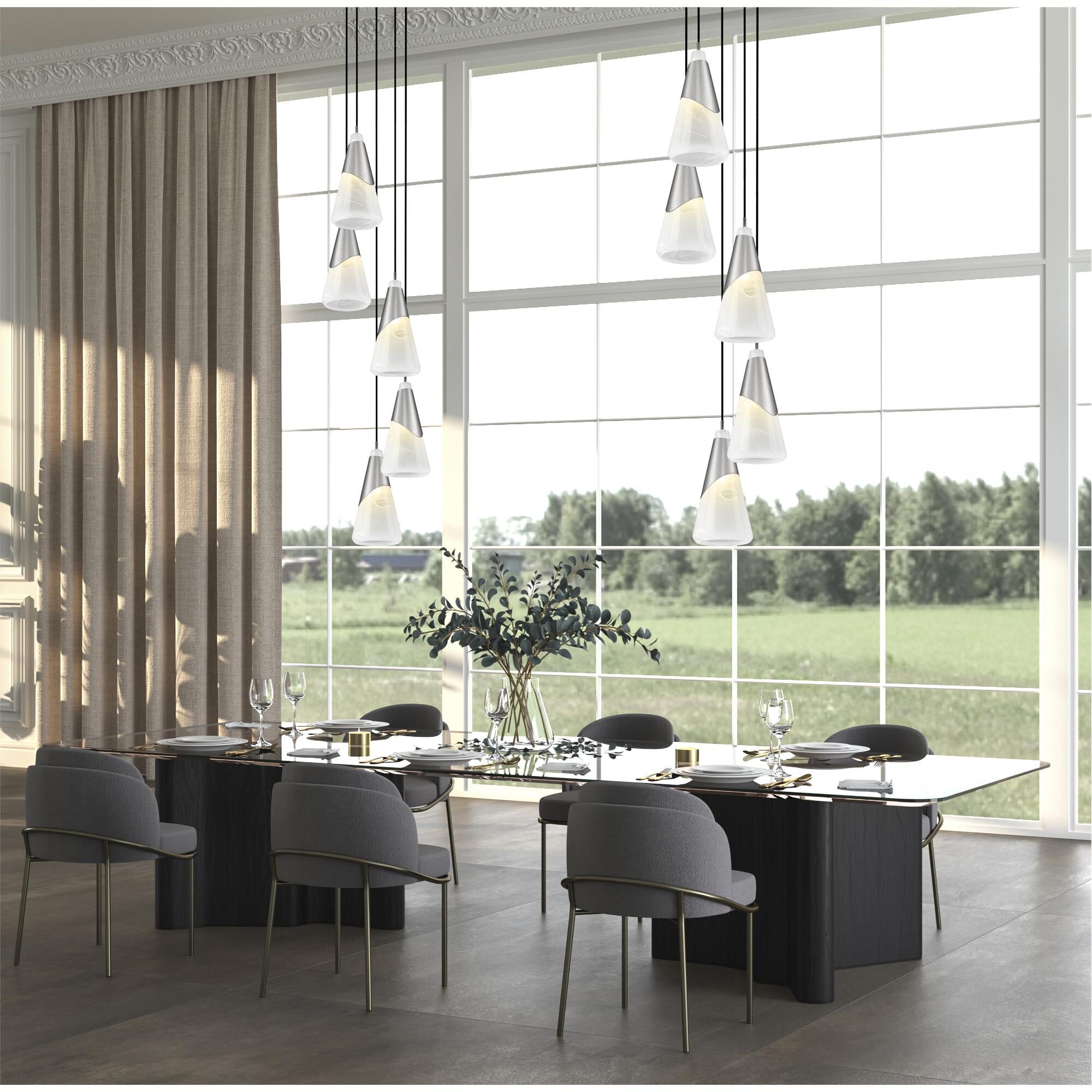 Shown in Brushed Nickel finish and White Swirl glass and White Swirl shade
