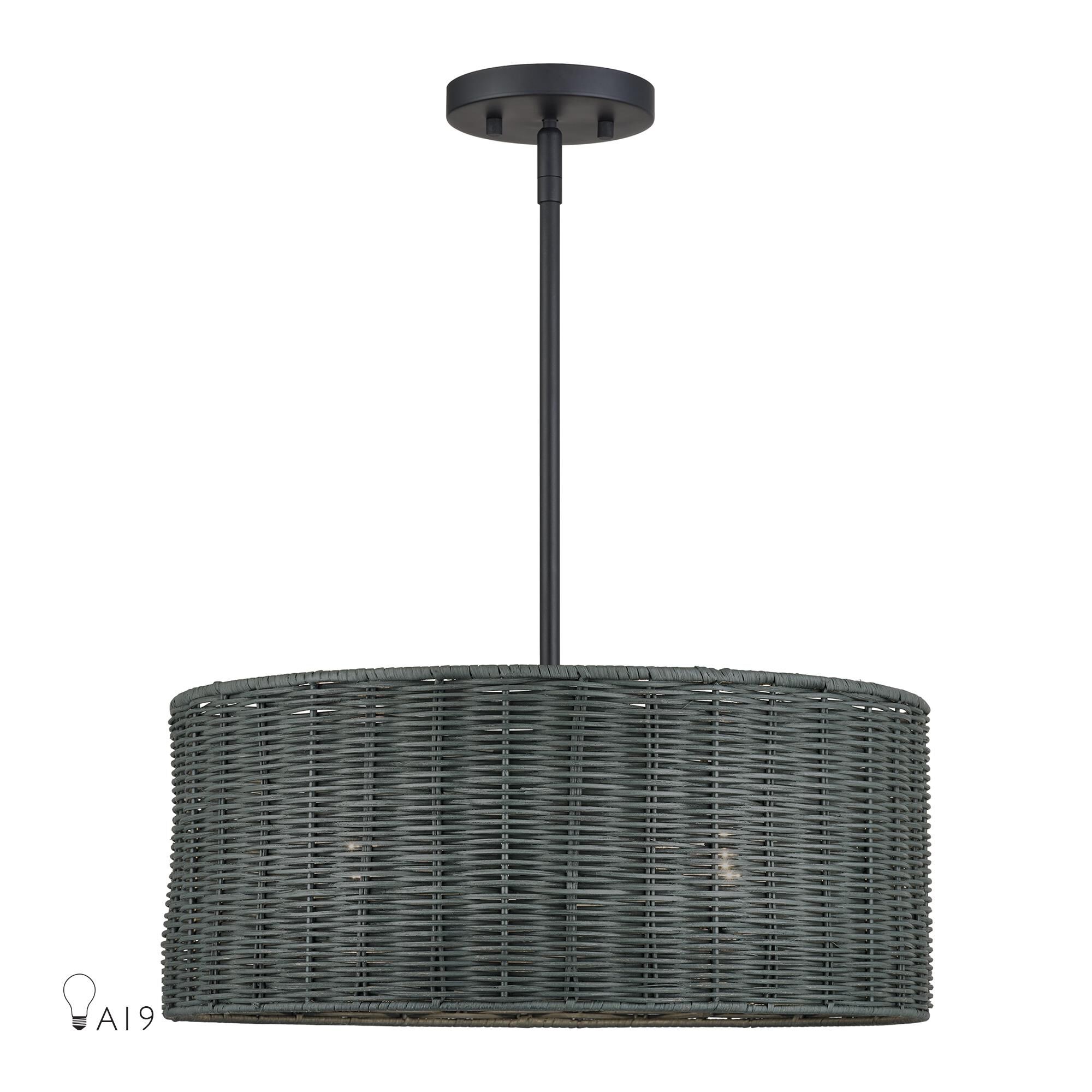 Shown in Black finish and Hand-Woven Charred Gray Color Rattan shade