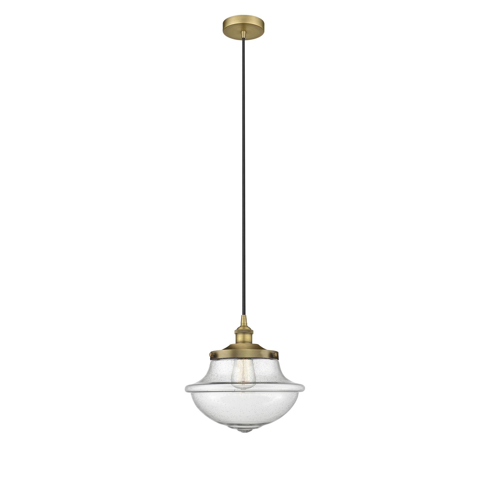 Shown in Brushed Brass finish and Seedy glass