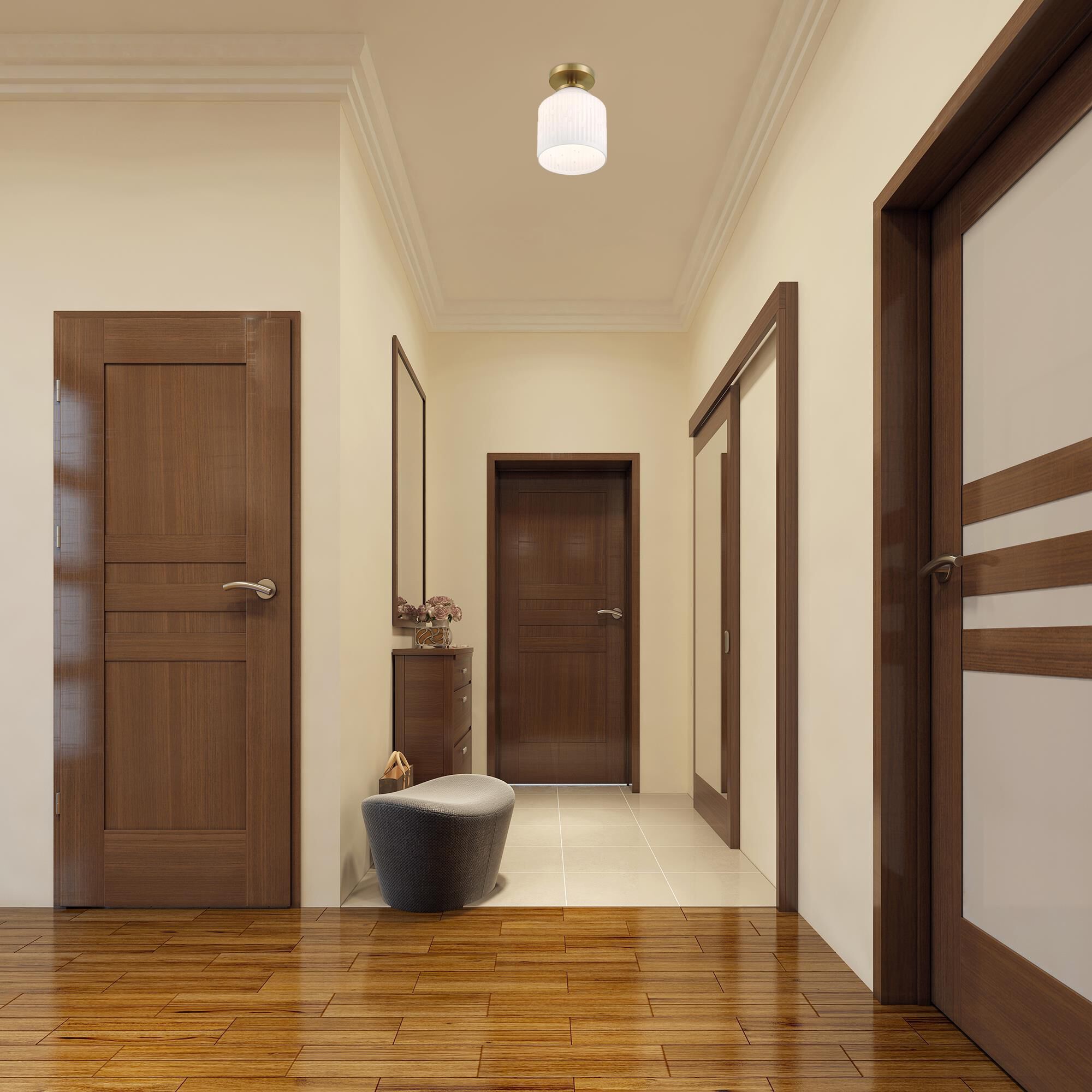 Shown in Brushed Gold finish and Etched Opal glass