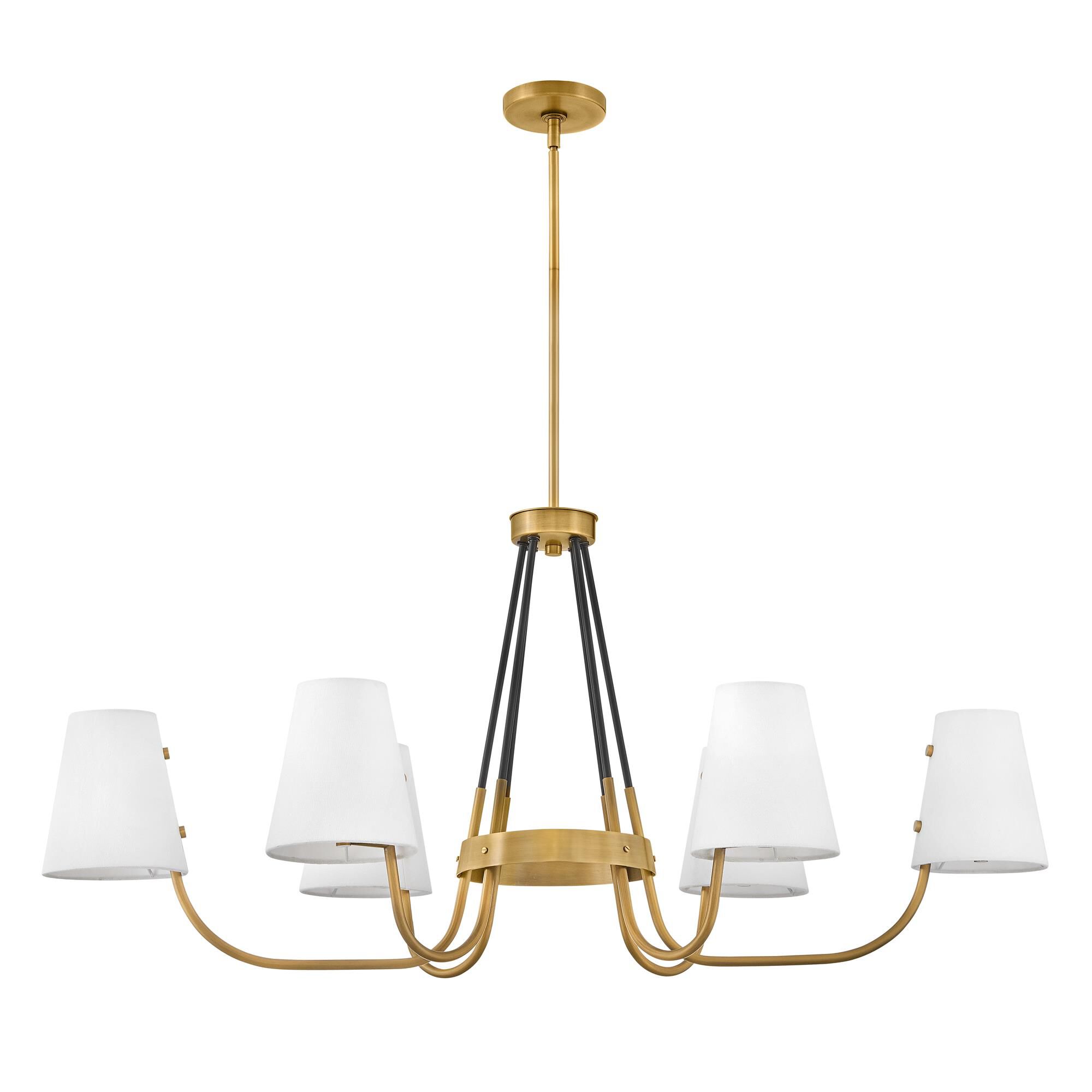 Shown in Heritage Brass finish and Off-White Fabric shade