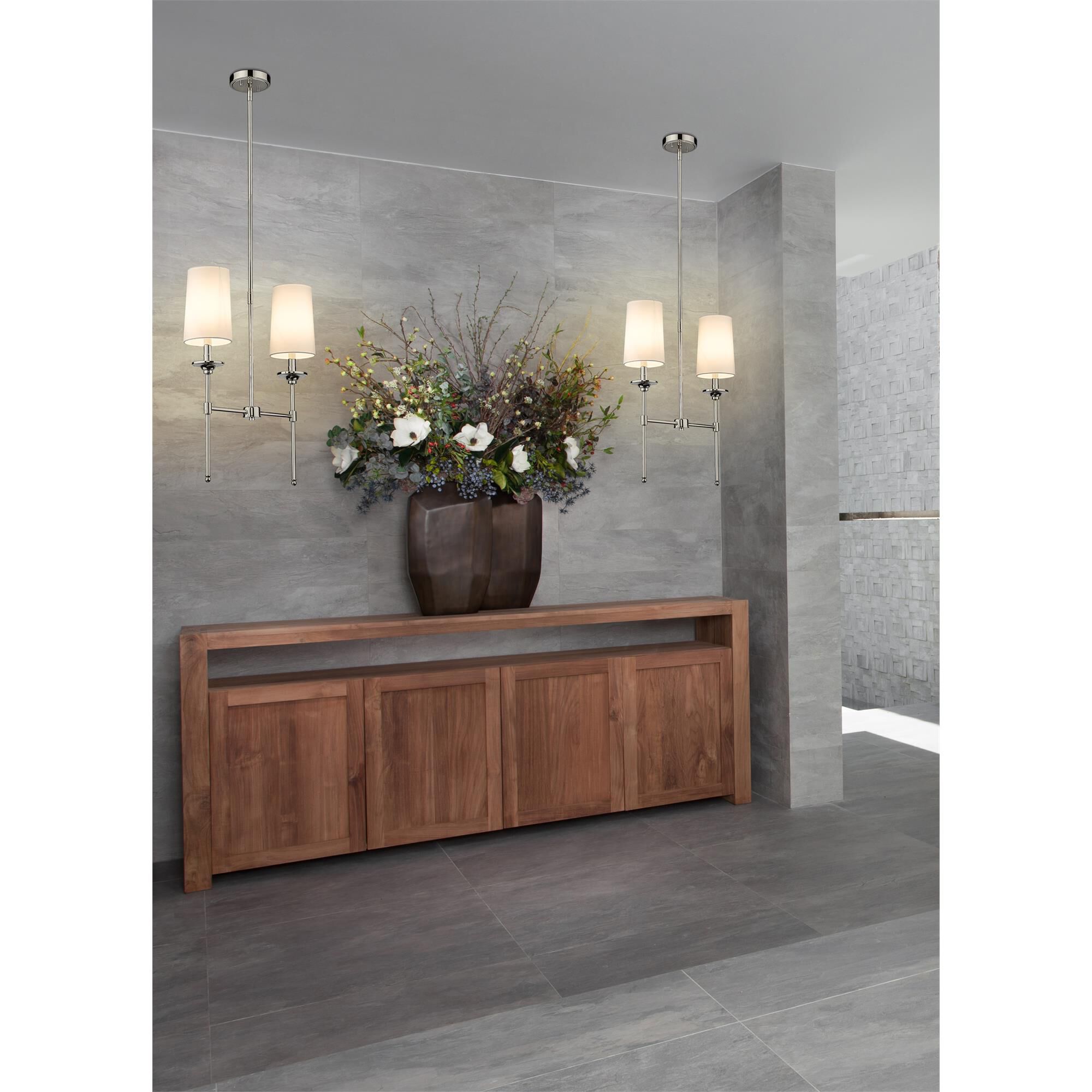 Shown in Polished Nickel finish and No Glass glass and Off White shade