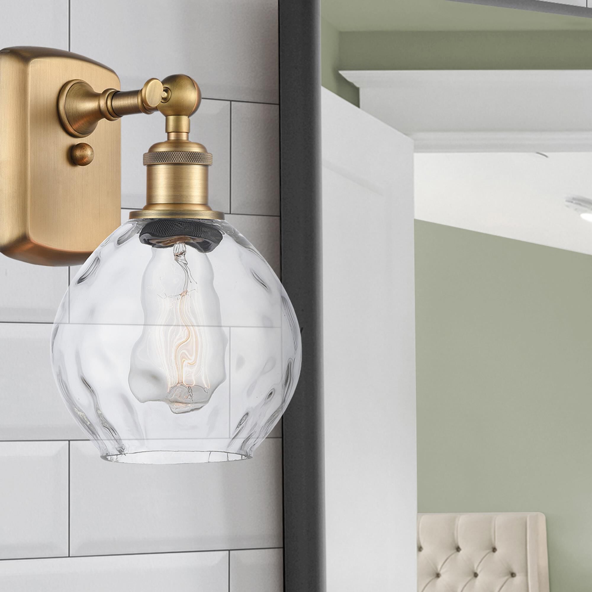 Shown in Brushed Brass finish and Clear Small Waverly glass and Glass shade and Polished Chrome accent