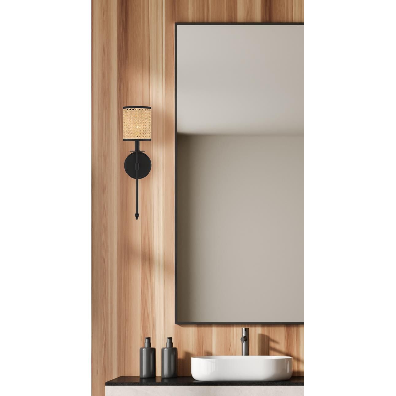 Shown in Matte Black finish and Natural Cane shade