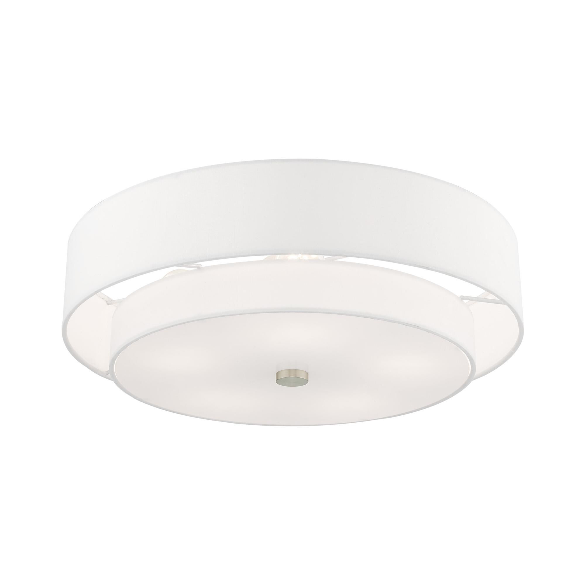 Shown in Brushed Nickel finish and Hand Crafted Off-White Fabric Hardback shade