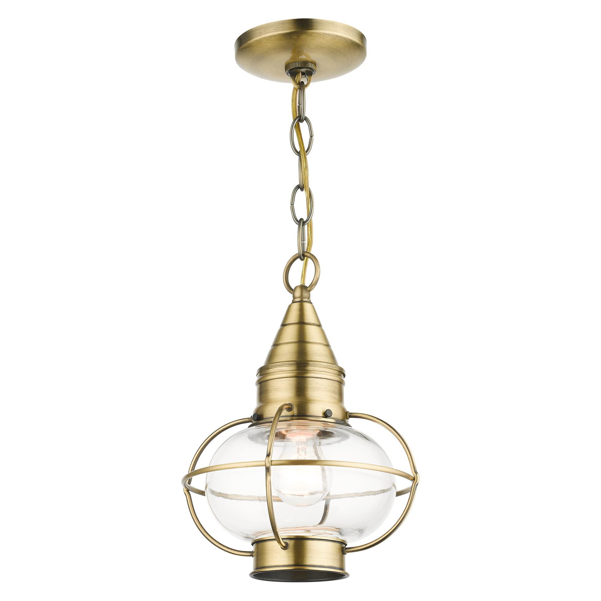 Shown in Antique Brass finish and Hand Blown Clear glass