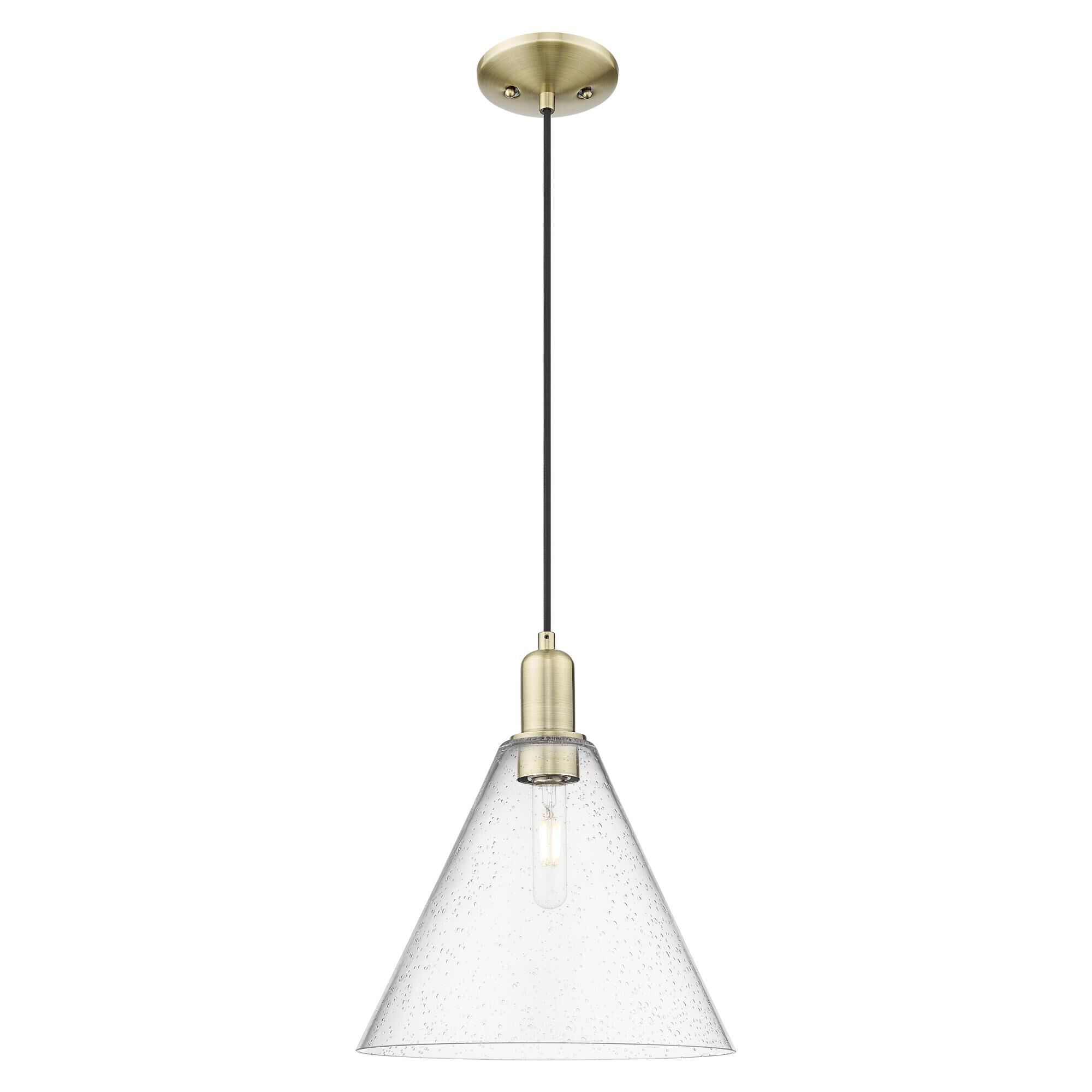 Shown in Antique Brass finish and Seedy glass