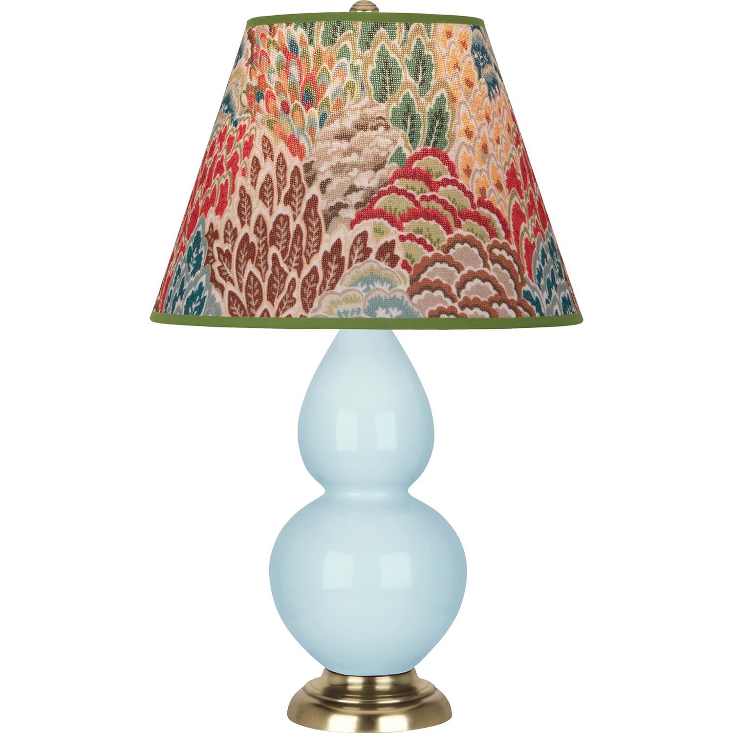 Shown in Baby Blue finish and Fall Floral shade and Antique Natural Brass accent