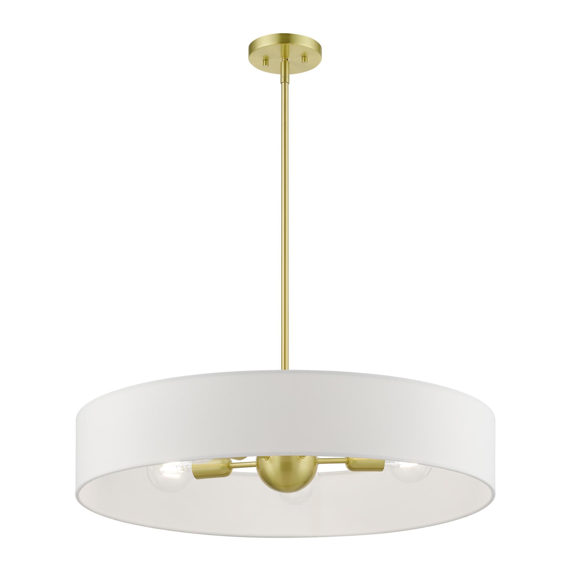 Shown in Satin Brass with Shiny White Accents finish and Hand Crafted Off-White Hardback Fabric shade