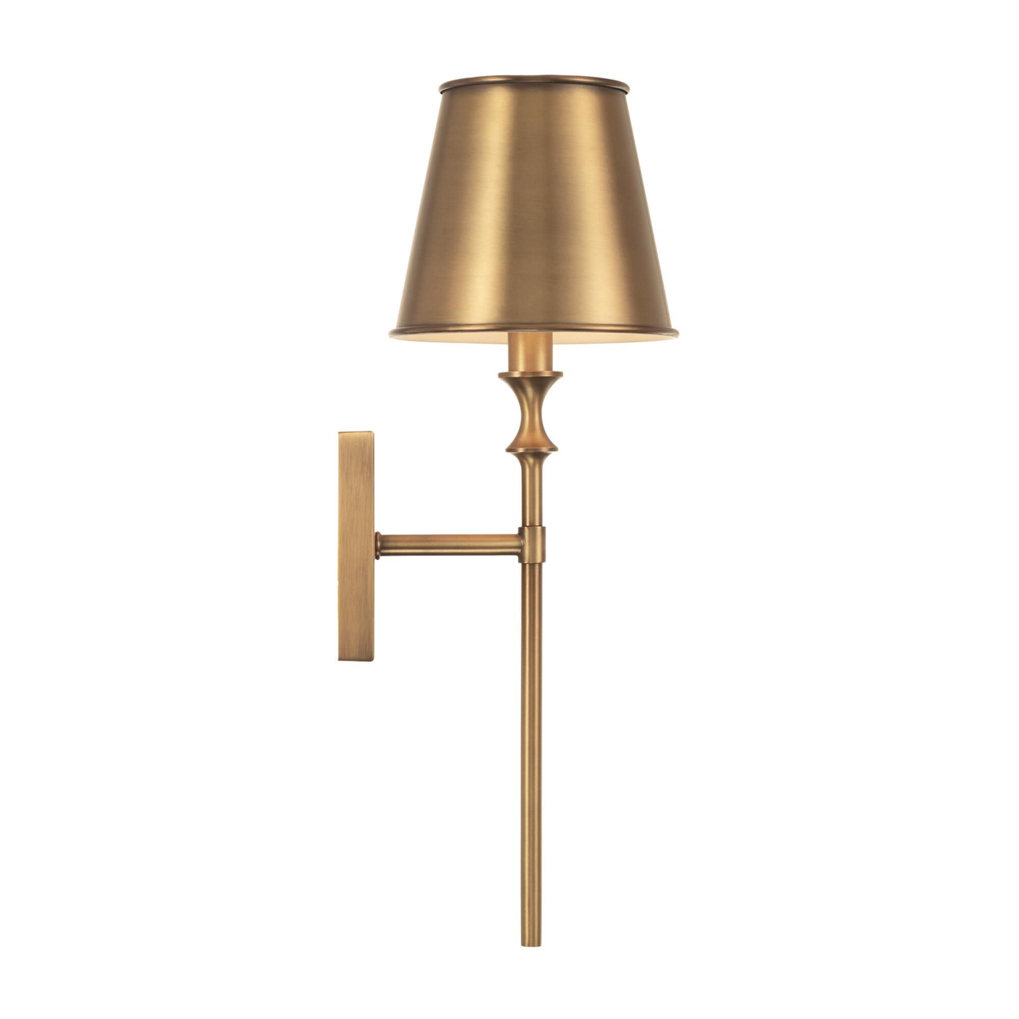 Shown in Aged Brass finish and Aged Brass Metal Stay-Straight  with White Interior shade