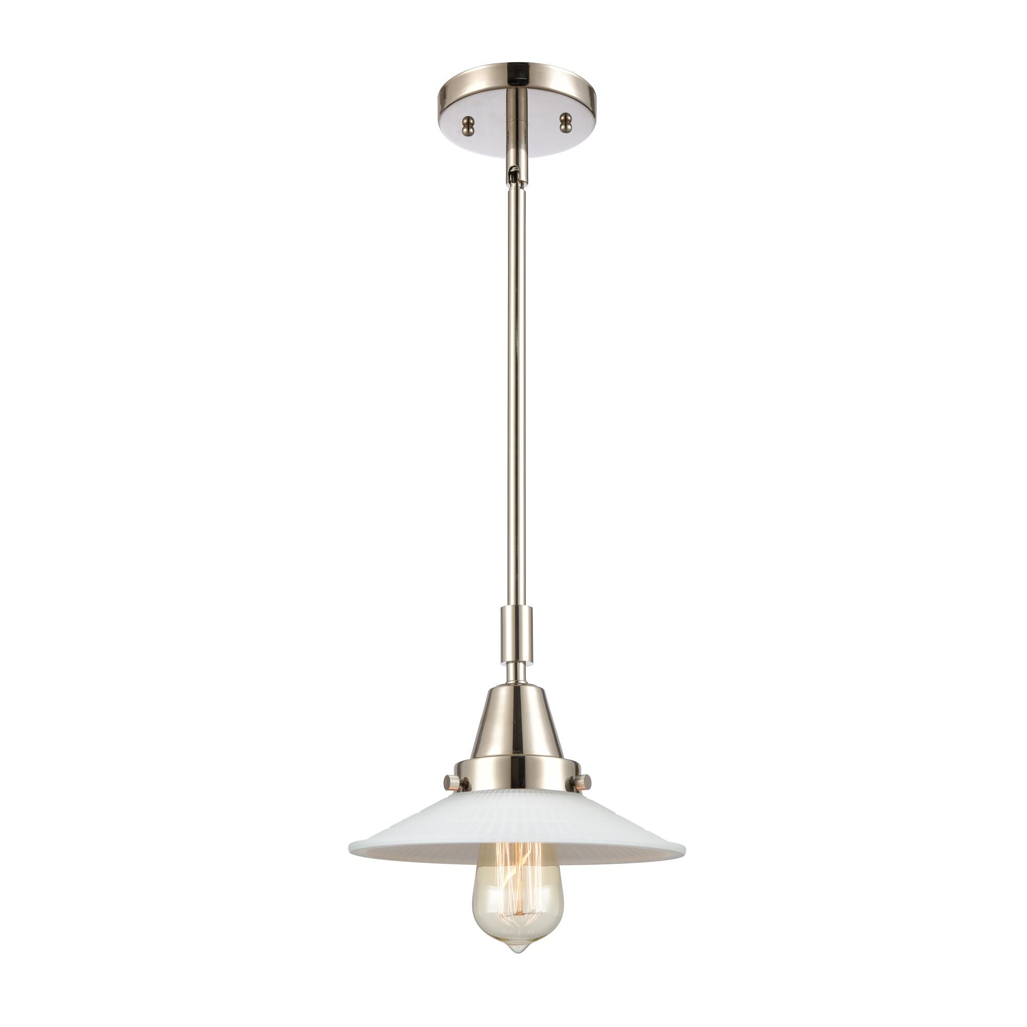 Shown in Polished Nickel finish and White Halophane glass