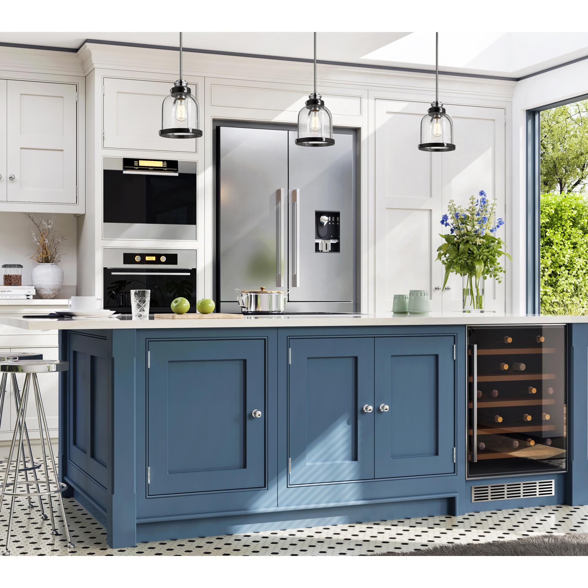 Shown in Matte Black and Chrome finish and Clear Seedy glass and Glass shade