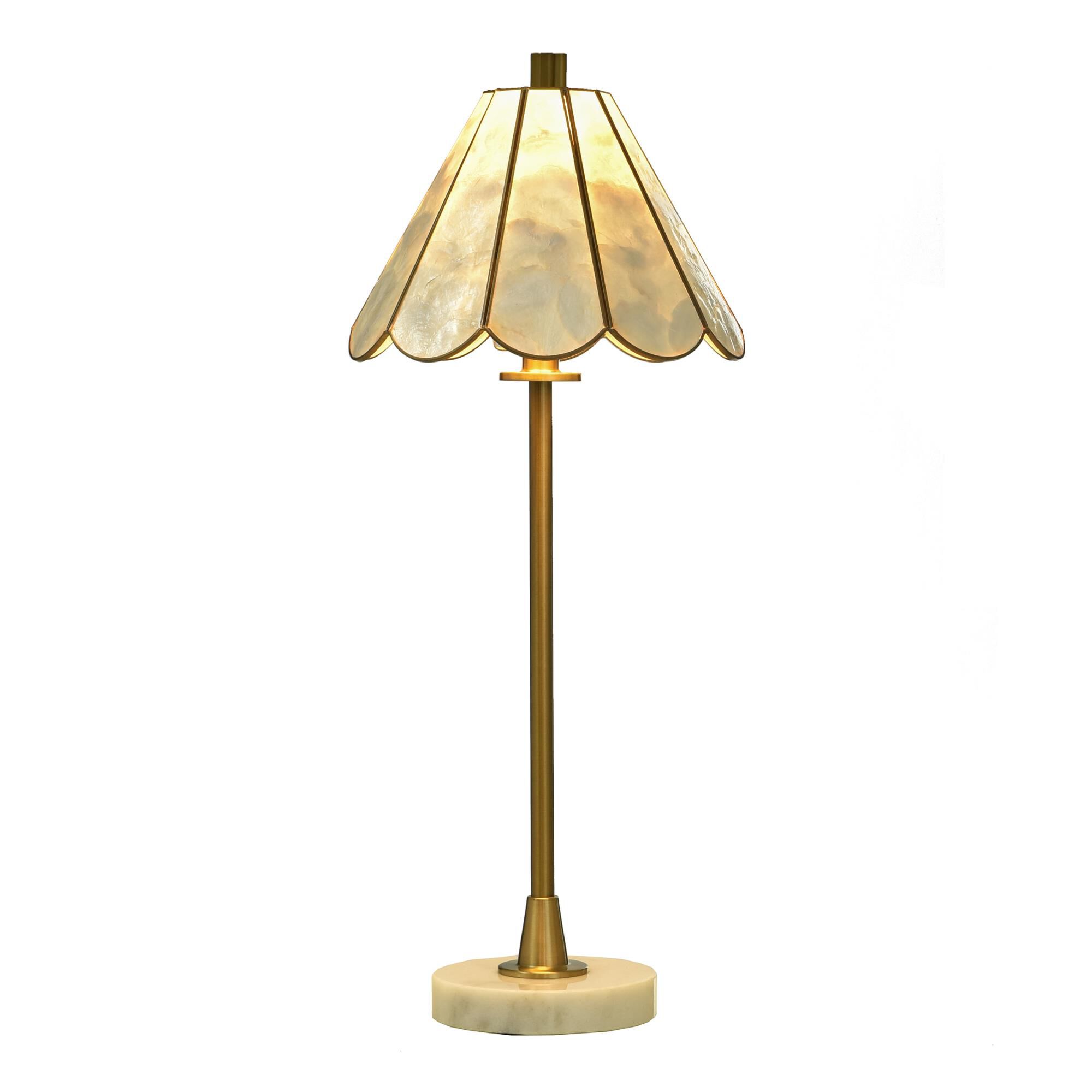 Shown in White Marble and Polished Brass finish and Brass, Capiz shade