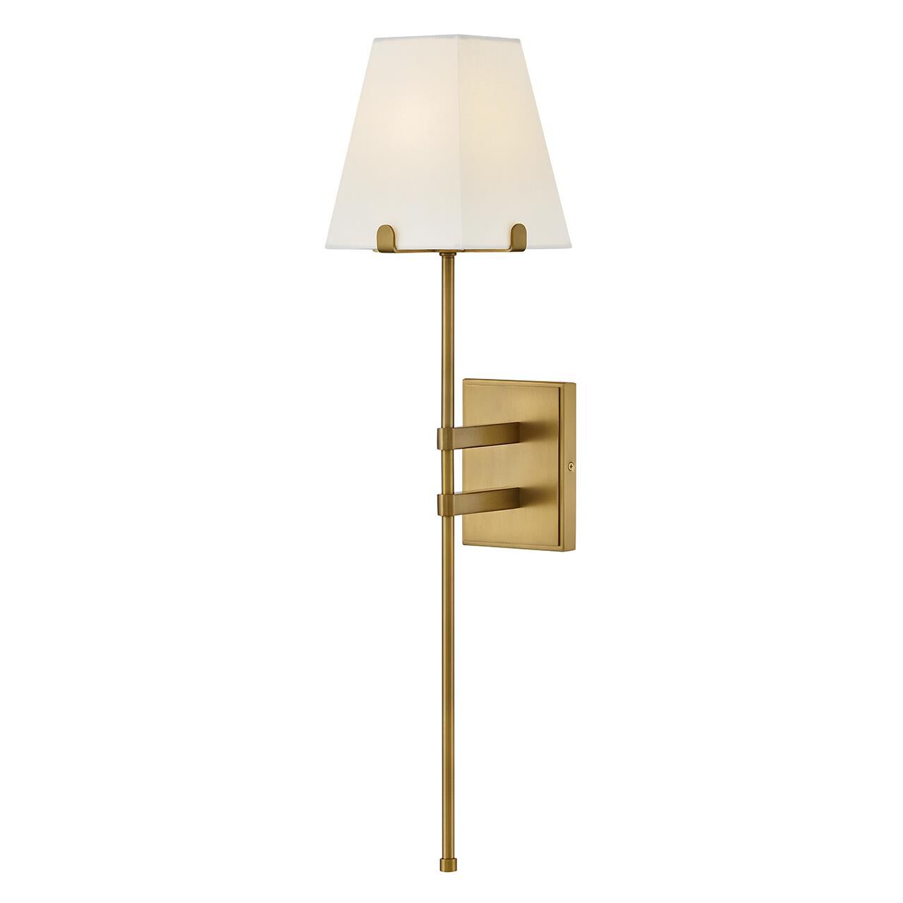 Shown in Lacquered Brass finish and White Linen shade