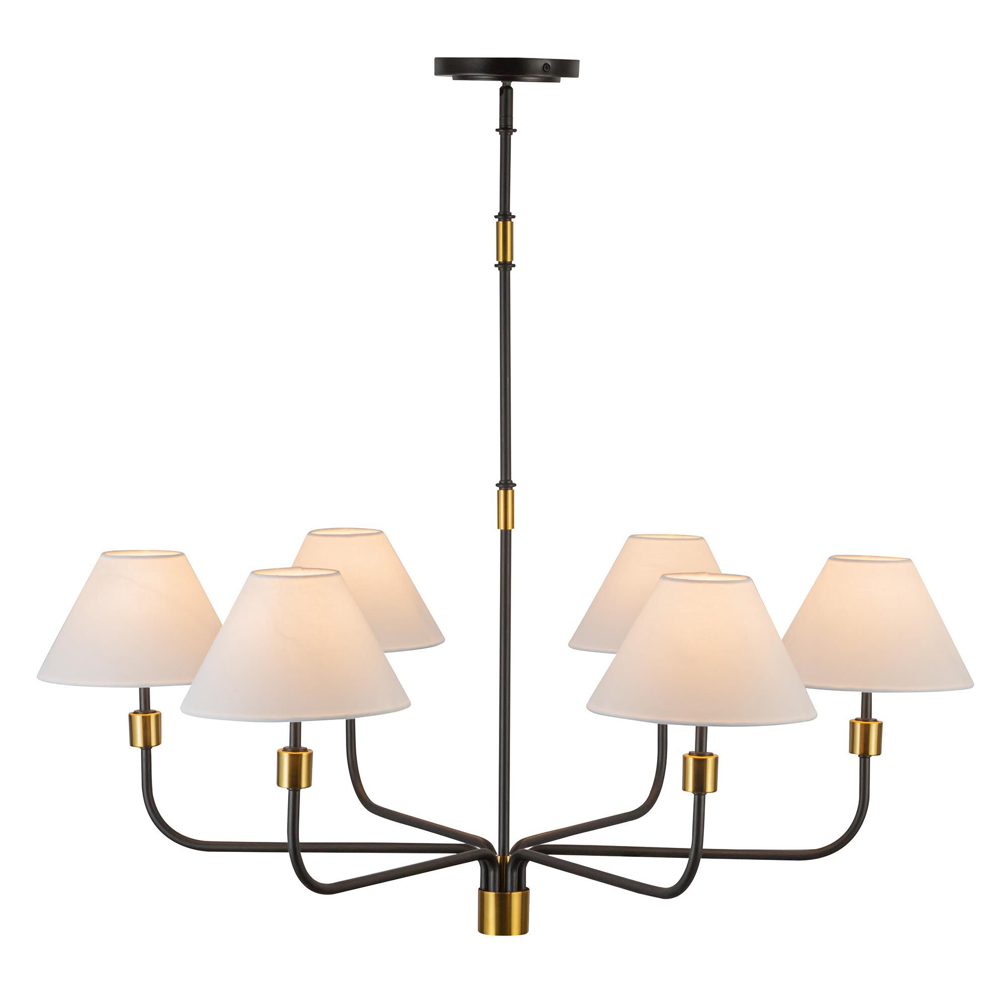 Shown in Black and Brushed Brass finish and Hardback Linen Fabric shade