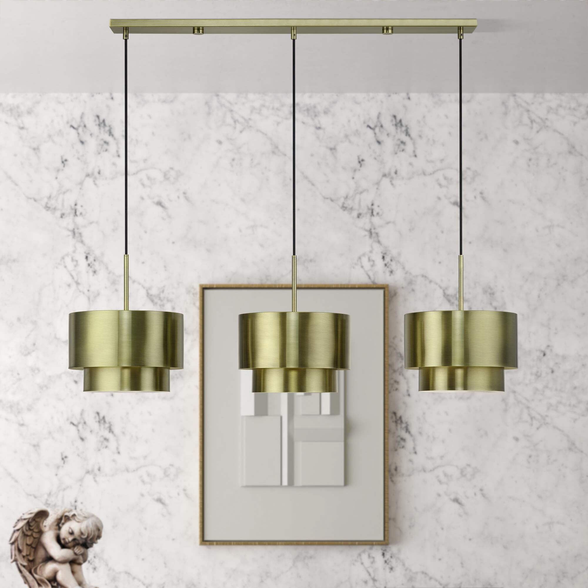 Shown in Antique Brass finish and Antique Brass Steel with Shiny White Inside shade
