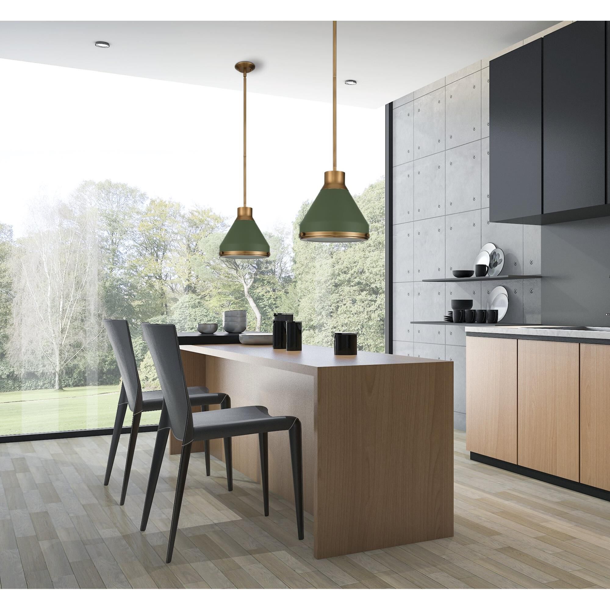 Shown in Natural Brass finish and Etched glass and Natural Brass, Matte Green shade
