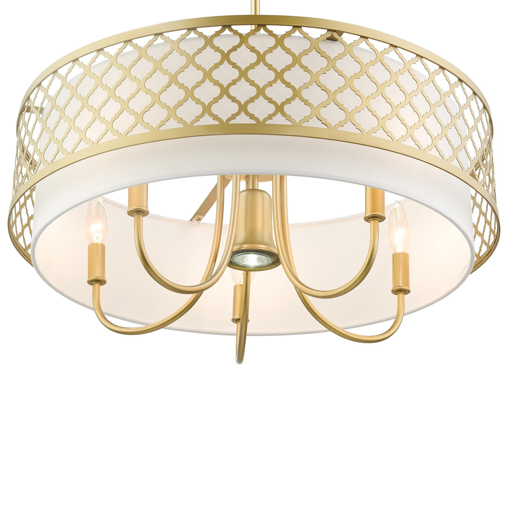 Shown in Soft Gold finish and Hand Crafted Off-White Fabric Outside & White Fabric Inside Hardback shade