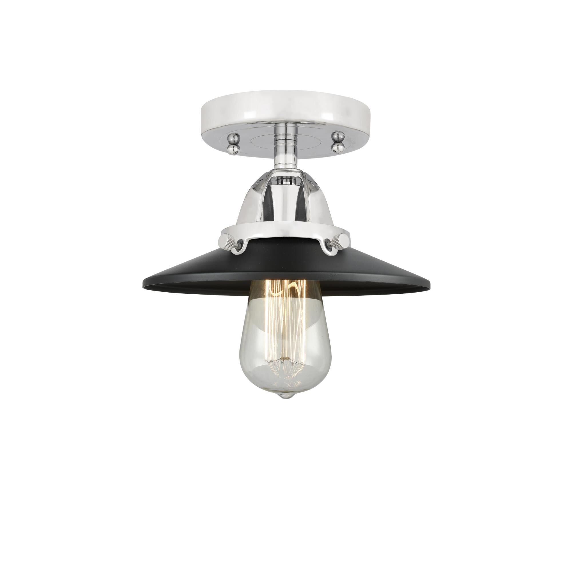 Shown in Polished Chrome finish and No Glass glass and Matte Black Railroad shade