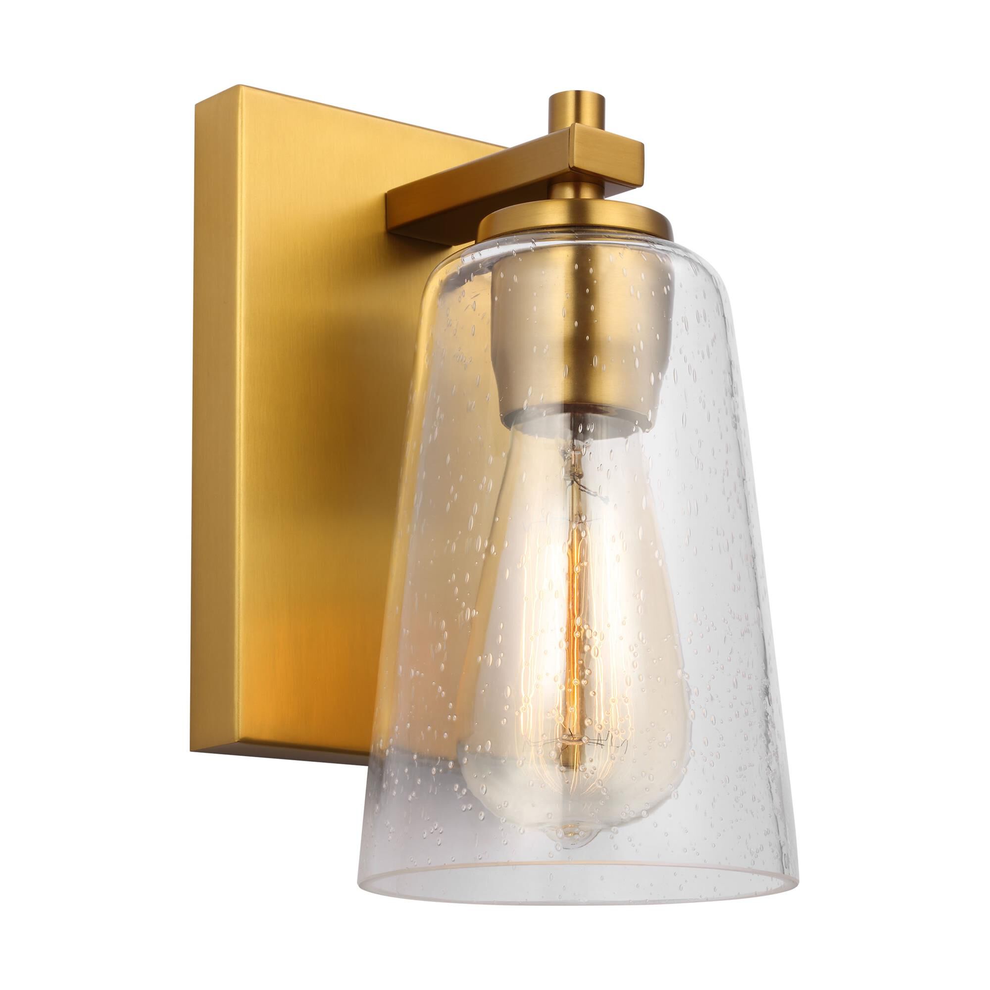 Shown in Burnished Brass finish and Clear Seeded glass