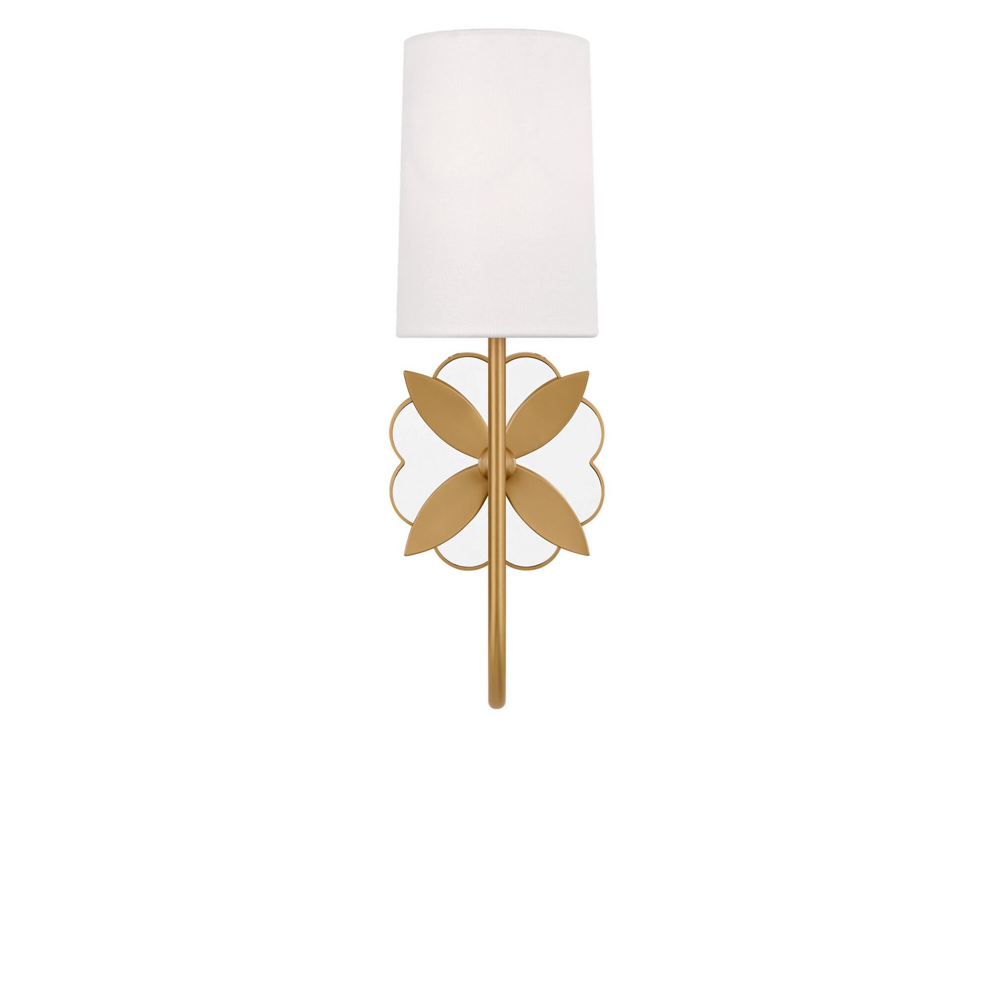 Shown in Burnished Brass finish and White Linen Fabric shade