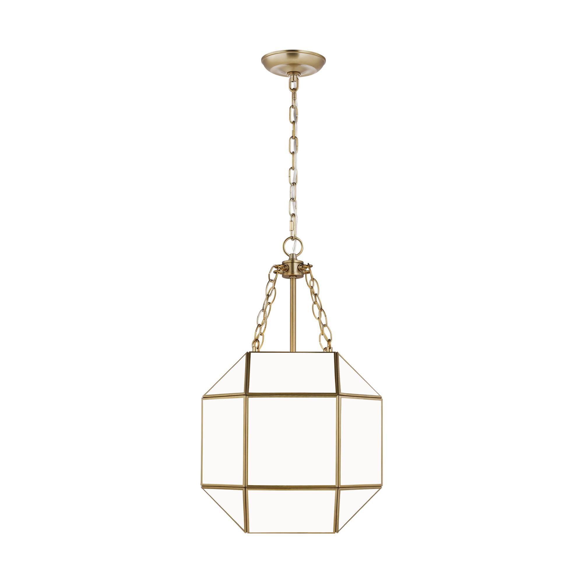 Shown in Satin Brass finish and Smooth White glass and White Glass Panel shade